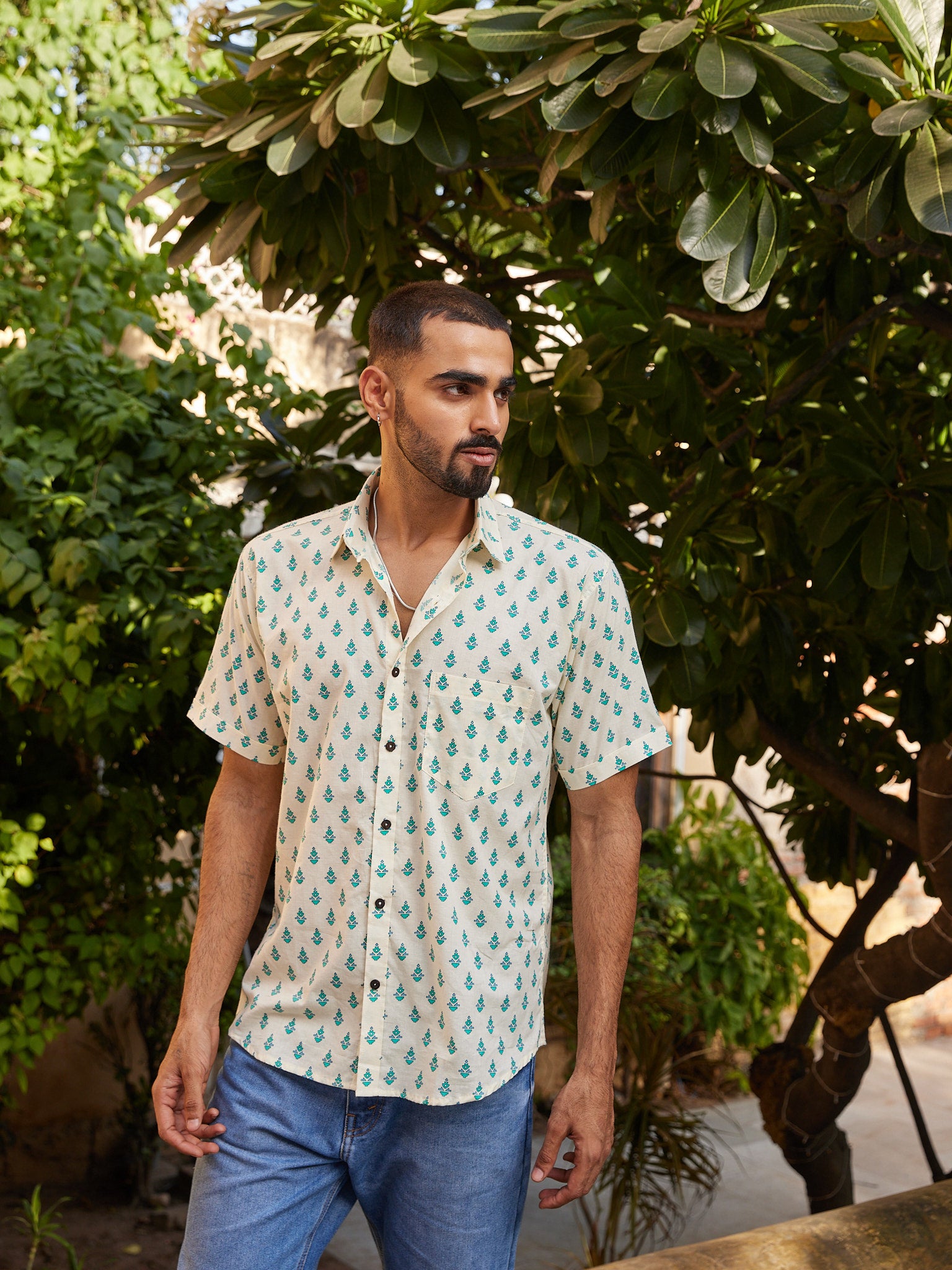 Cotton Cream-Blue Floral men's Half Sleeves Shirt