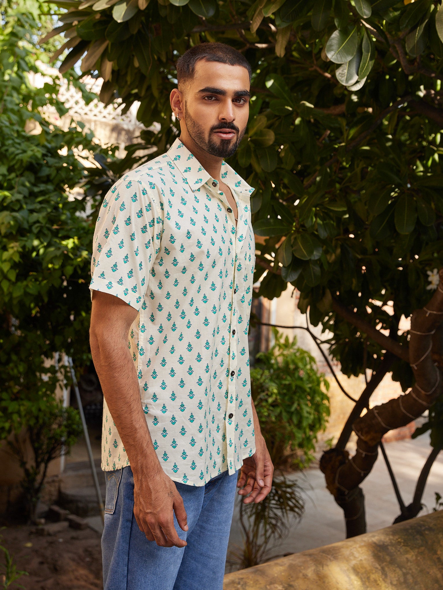 Cotton Cream-Blue Floral men's Half Sleeves Shirt