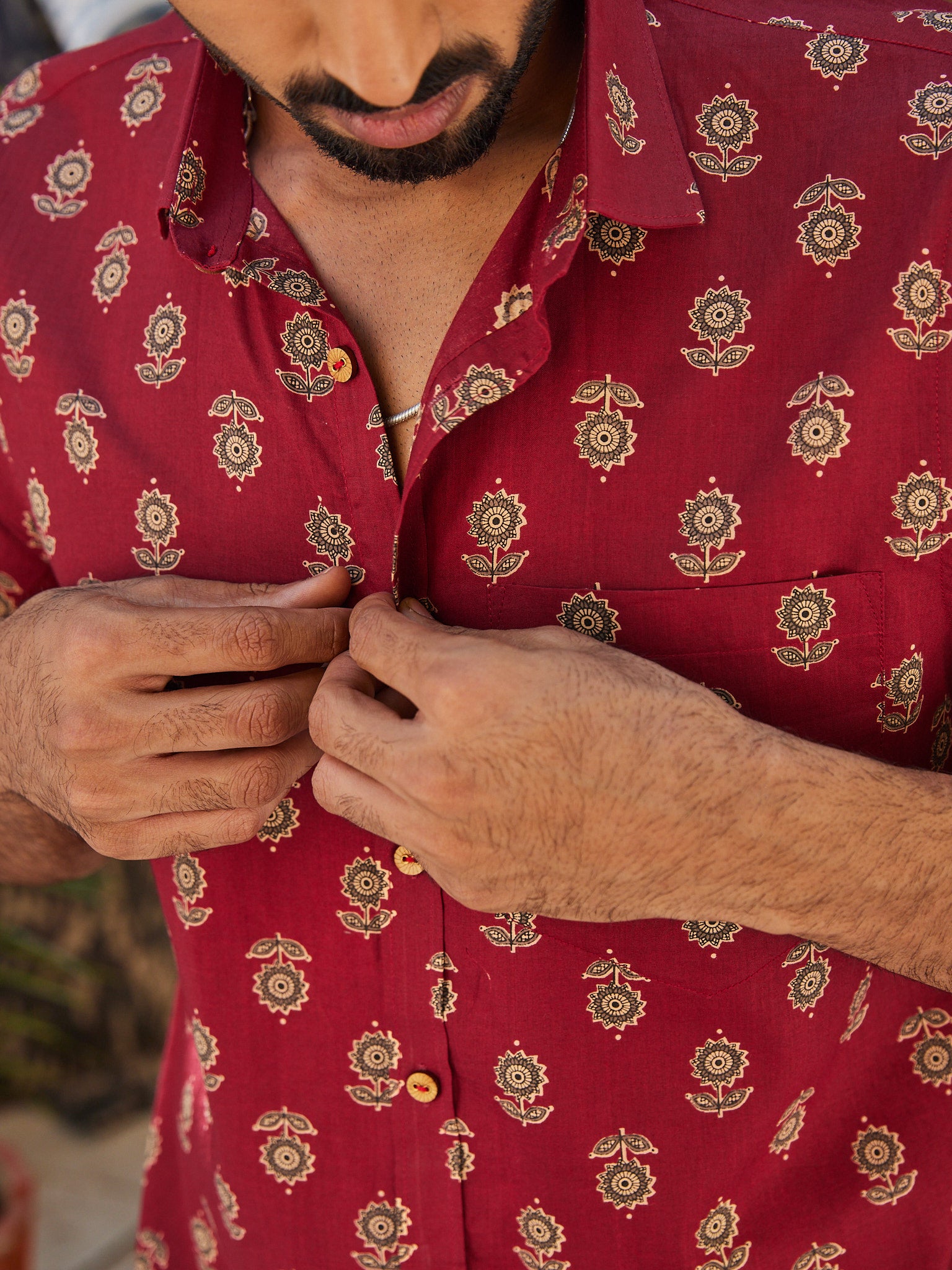 Cotton Red-Cream Floral men's Half Sleeves Shirt