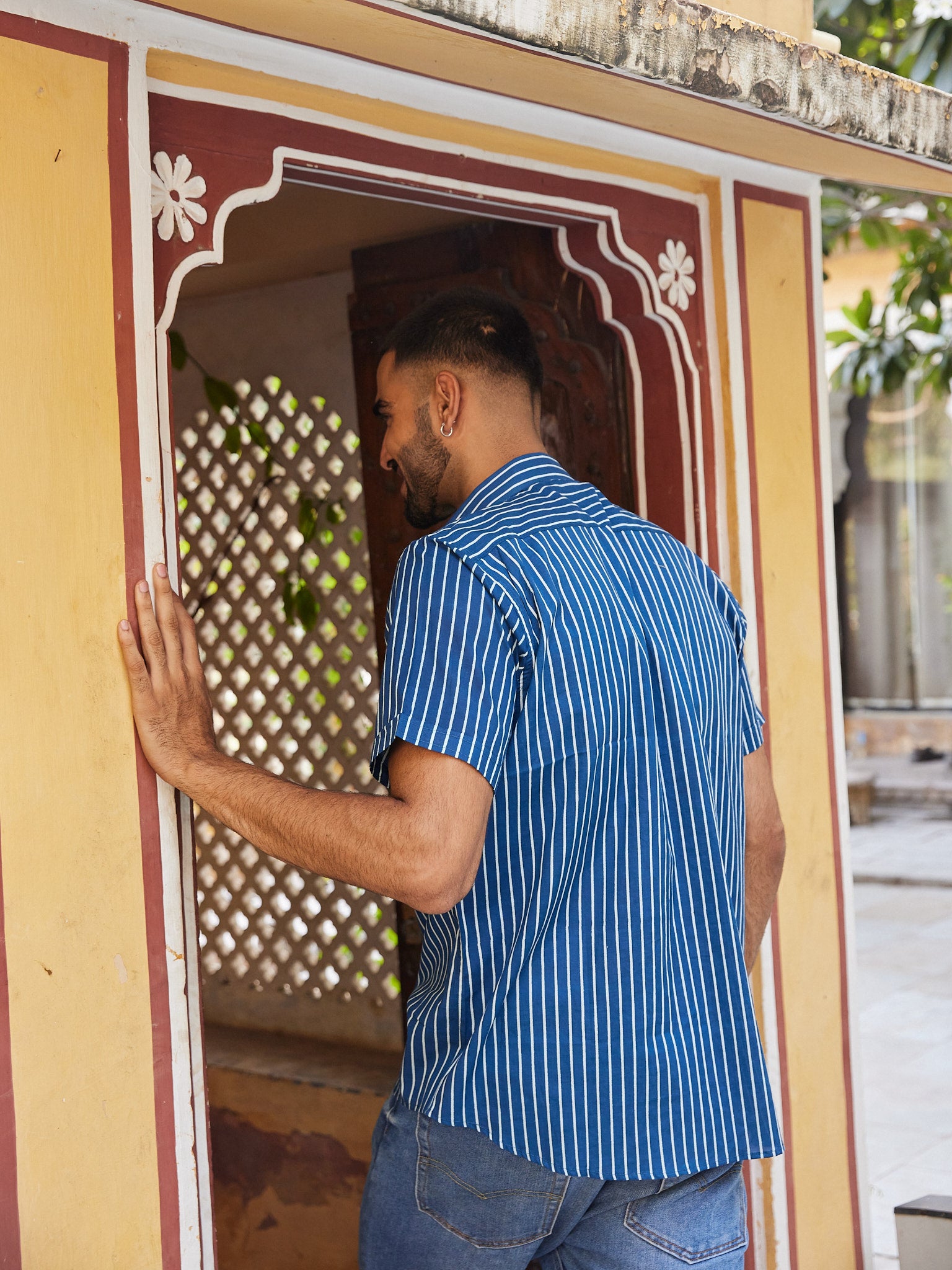 Cotton Men's Blue-White Stripes Half Sleeves Shirt