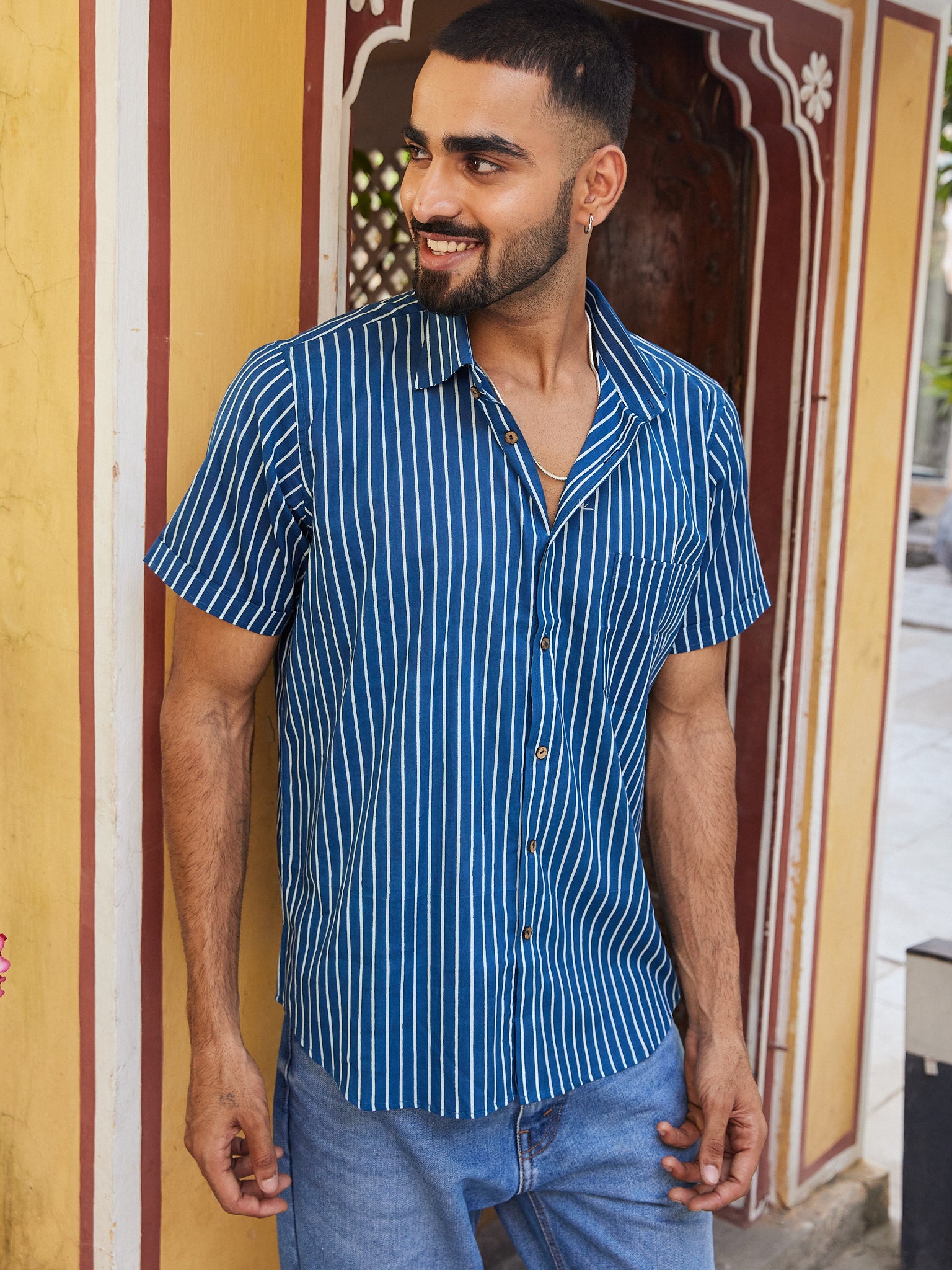 Cotton Men's Blue-White Stripes Half Sleeves Shirt