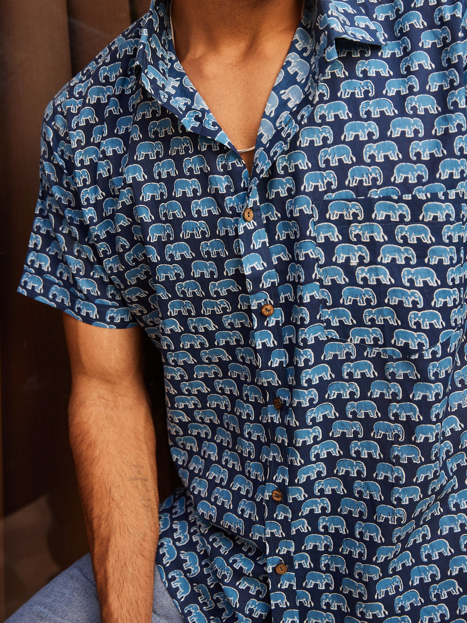 Cotton Men's Blue Elephant Half Sleeves Shirt