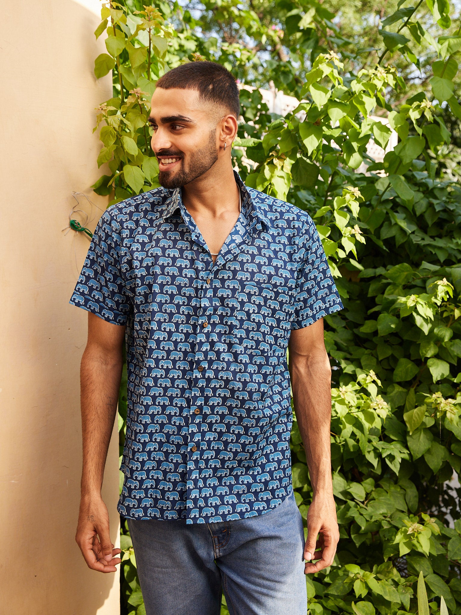 Cotton Men's Blue Elephant Half Sleeves Shirt