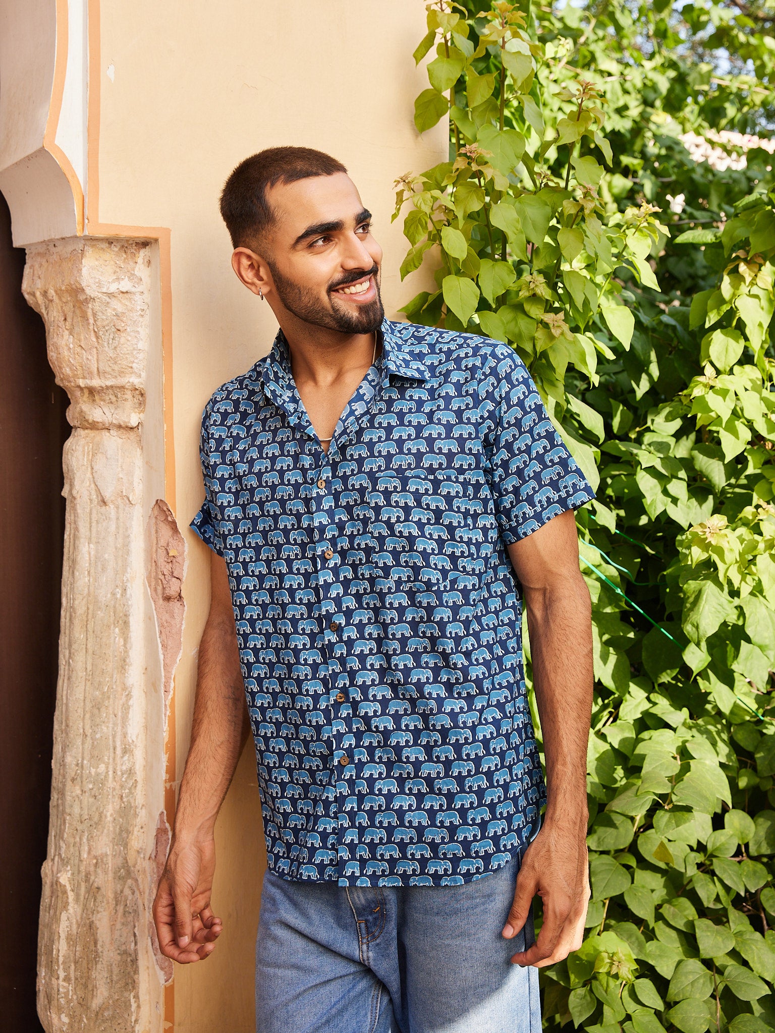 Cotton Men's Blue Elephant Half Sleeves Shirt