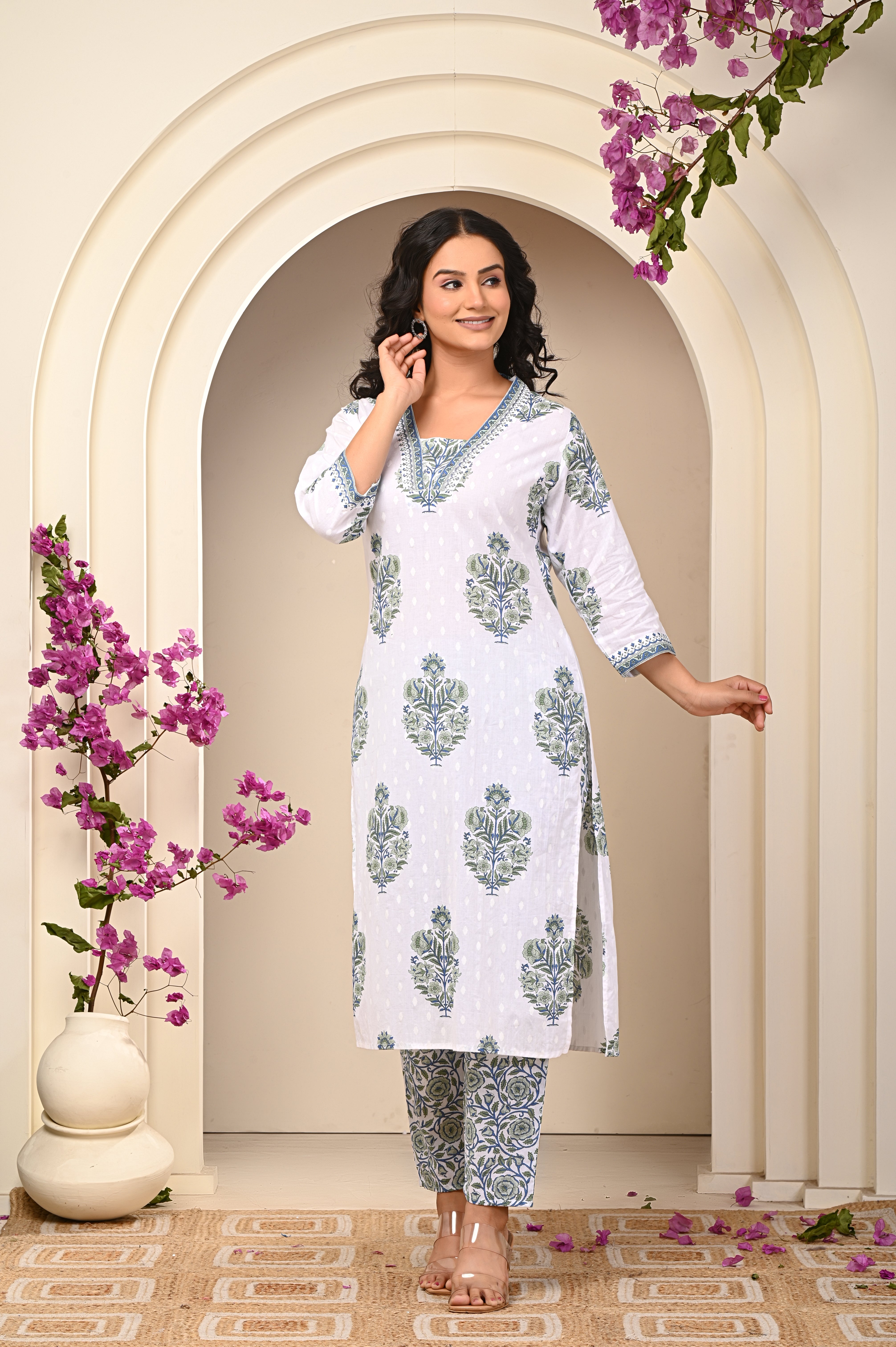 Cotton White-Green Floral Women's Suit Set