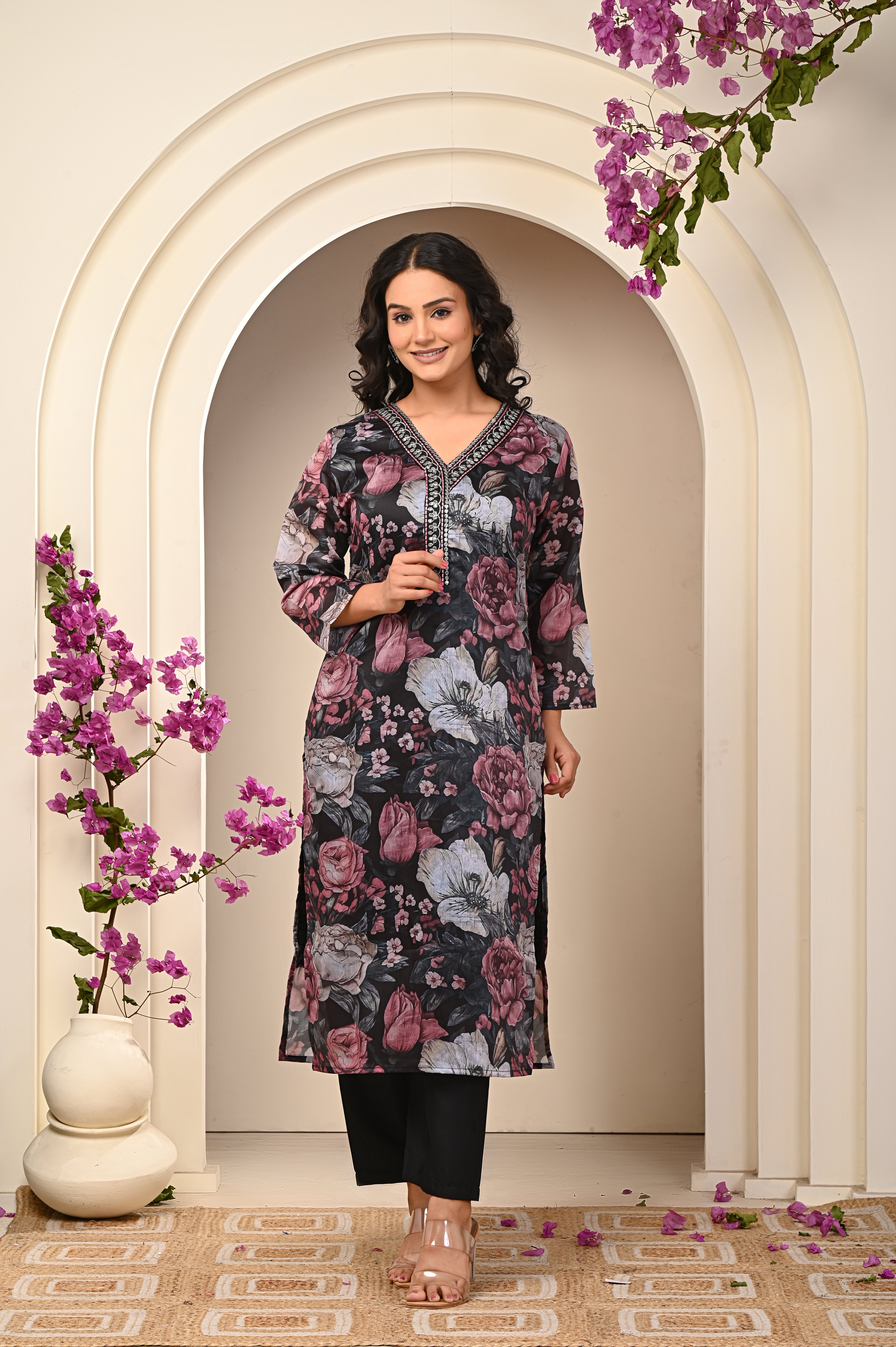 Organza Black-Pink Floral Women's Suit Set