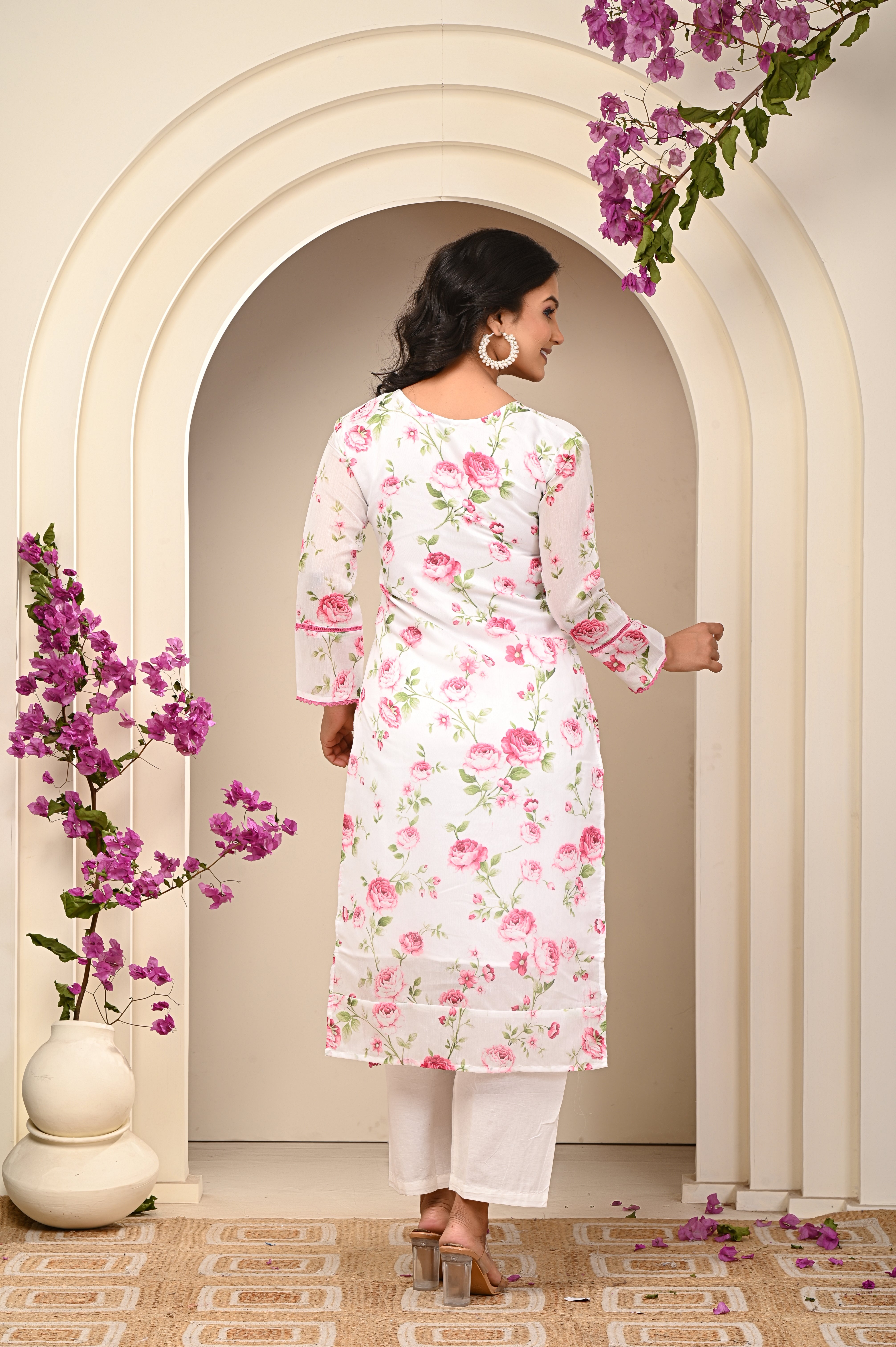 Cotton White - Pink Floral Women's Suit Set