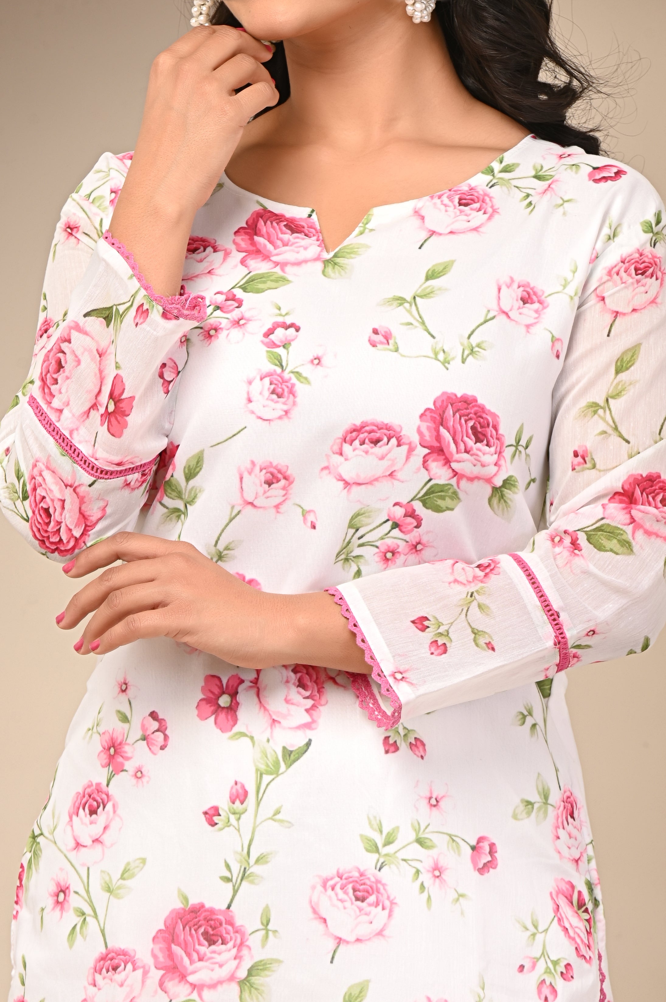 Cotton White - Pink Floral Women's Suit Set