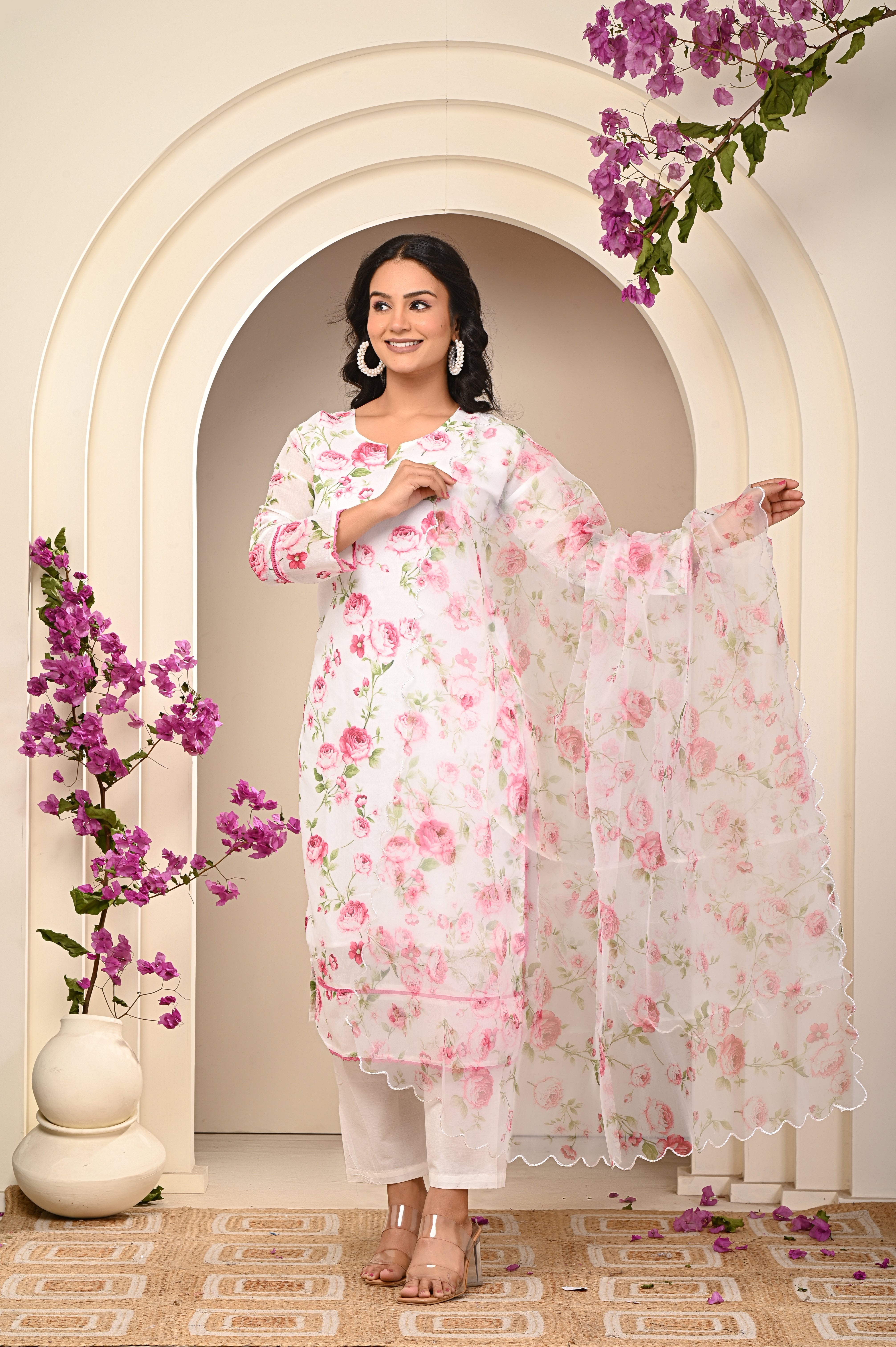 Cotton White - Pink Floral Women's Suit Set