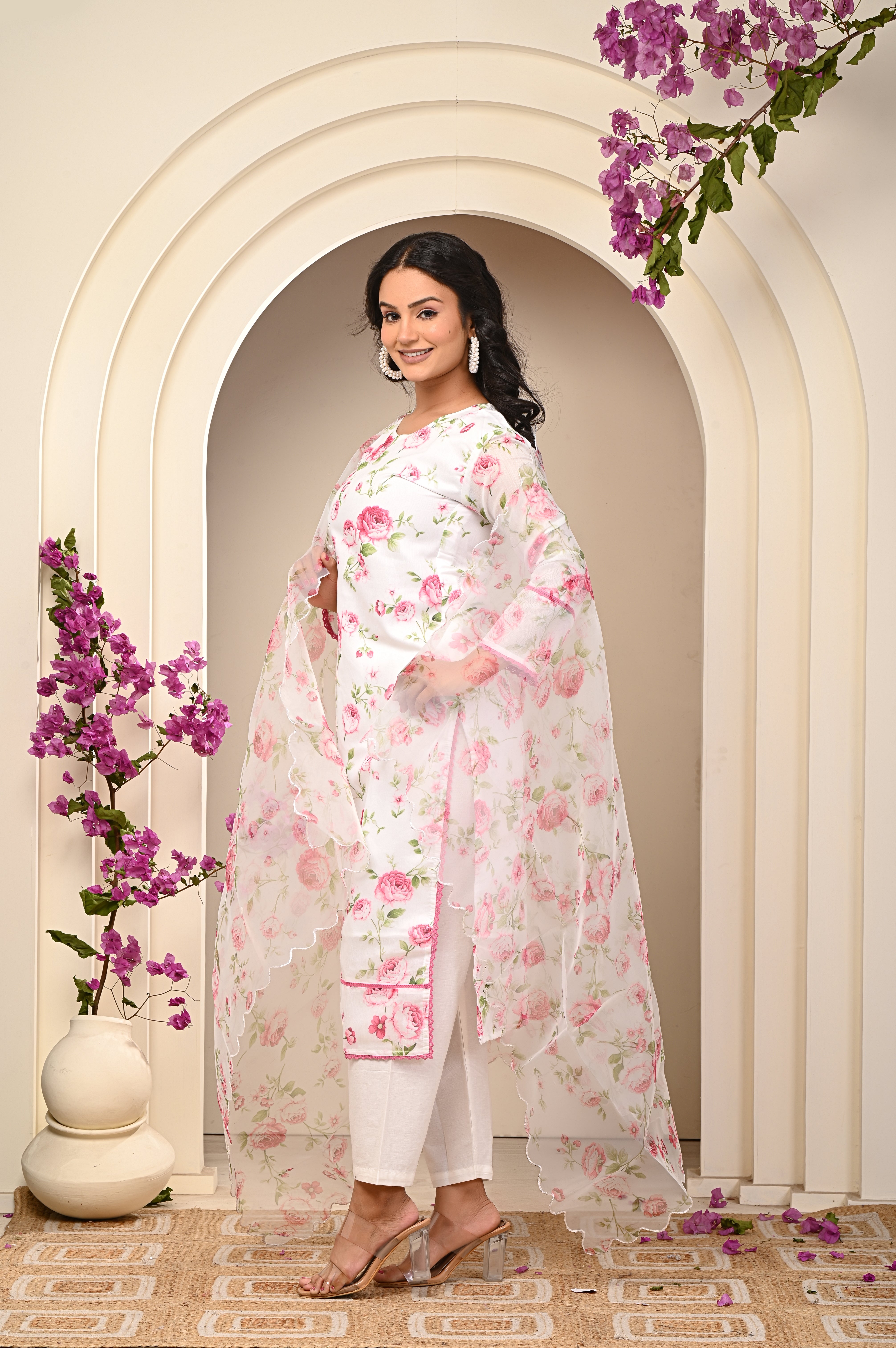 Cotton White - Pink Floral Women's Suit Set