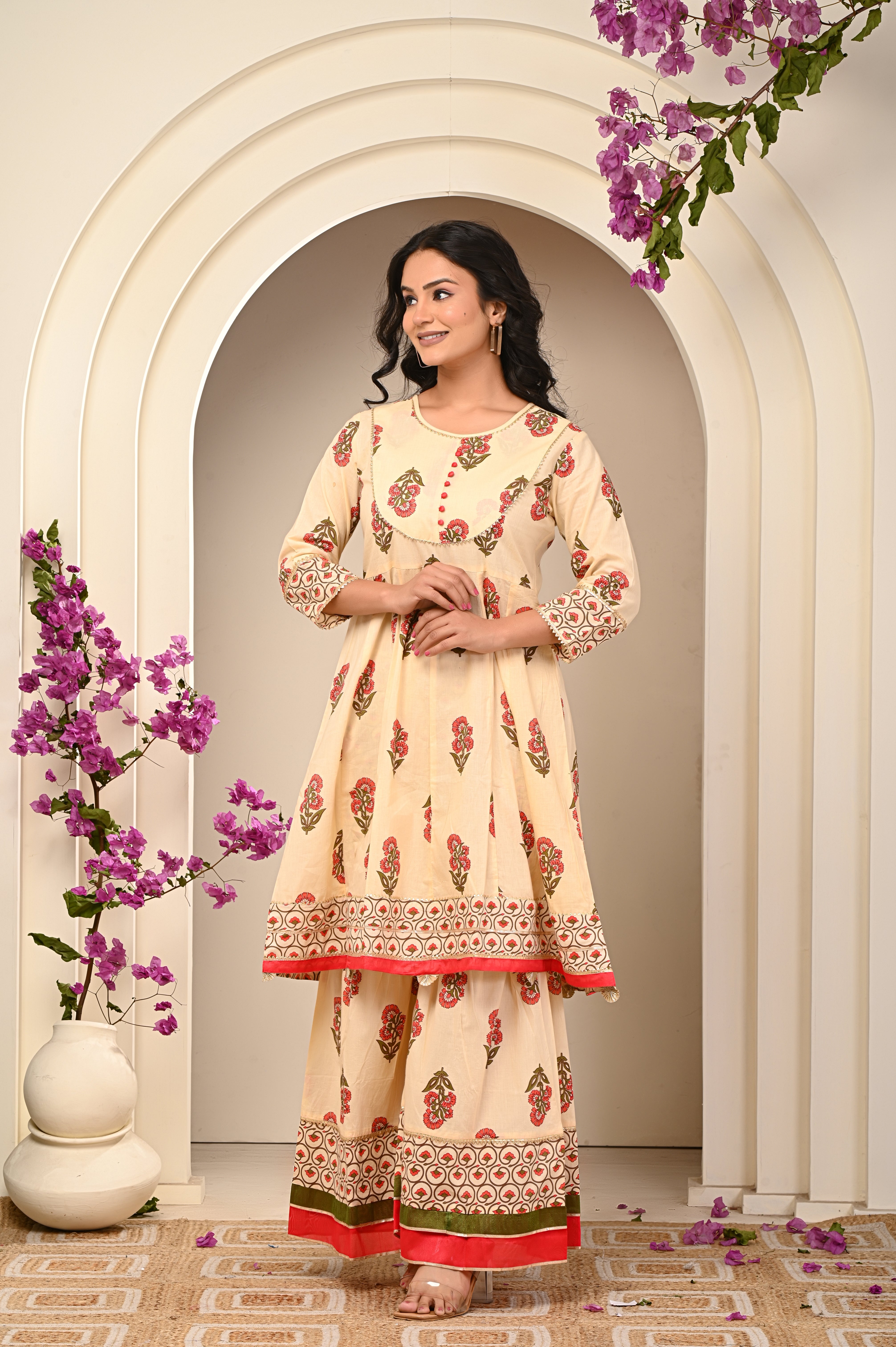 Cotton Yellow- Orange  Floral Women's Suit Set