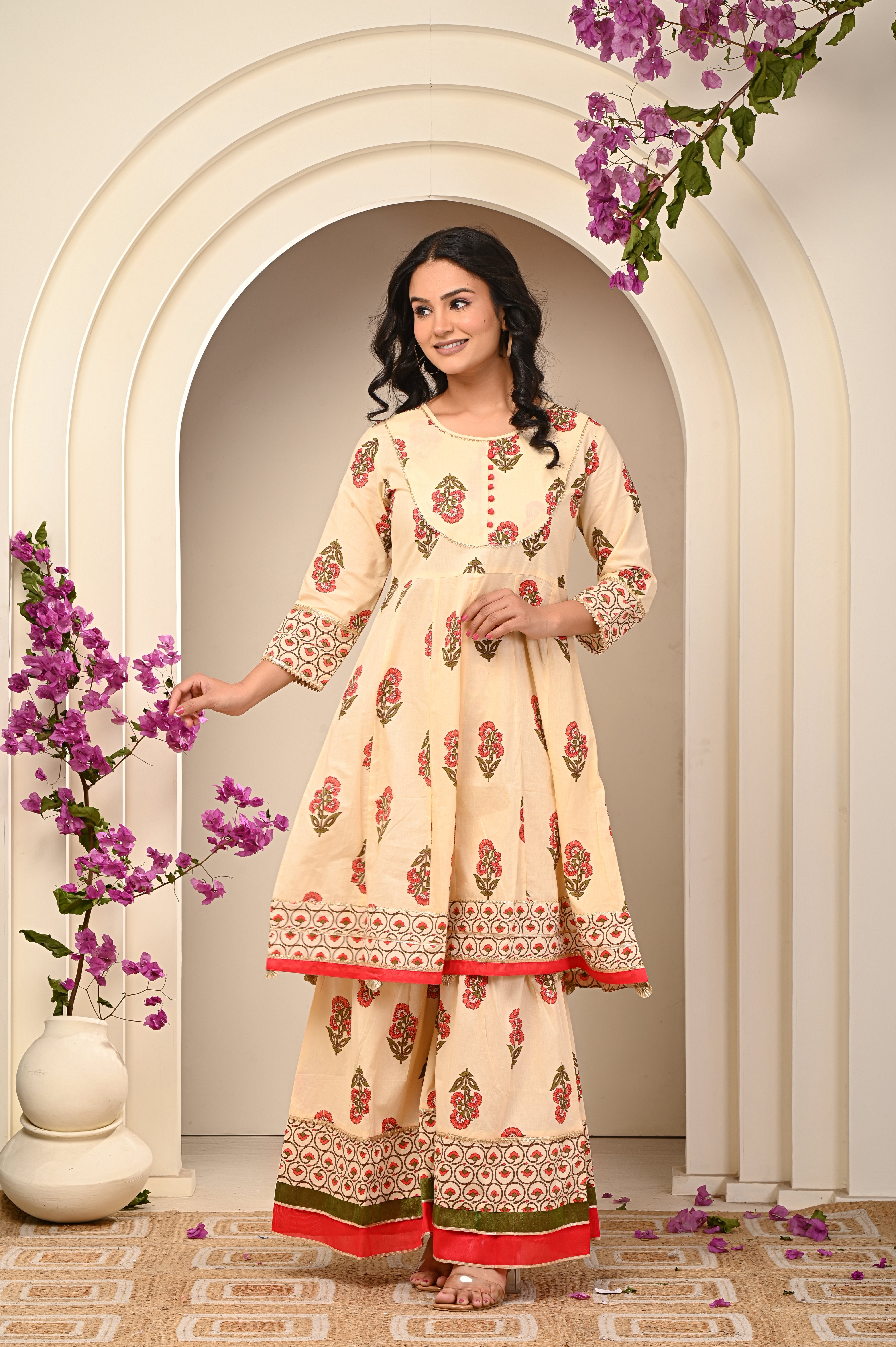 Cotton Yellow- Orange  Floral Women's Suit Set