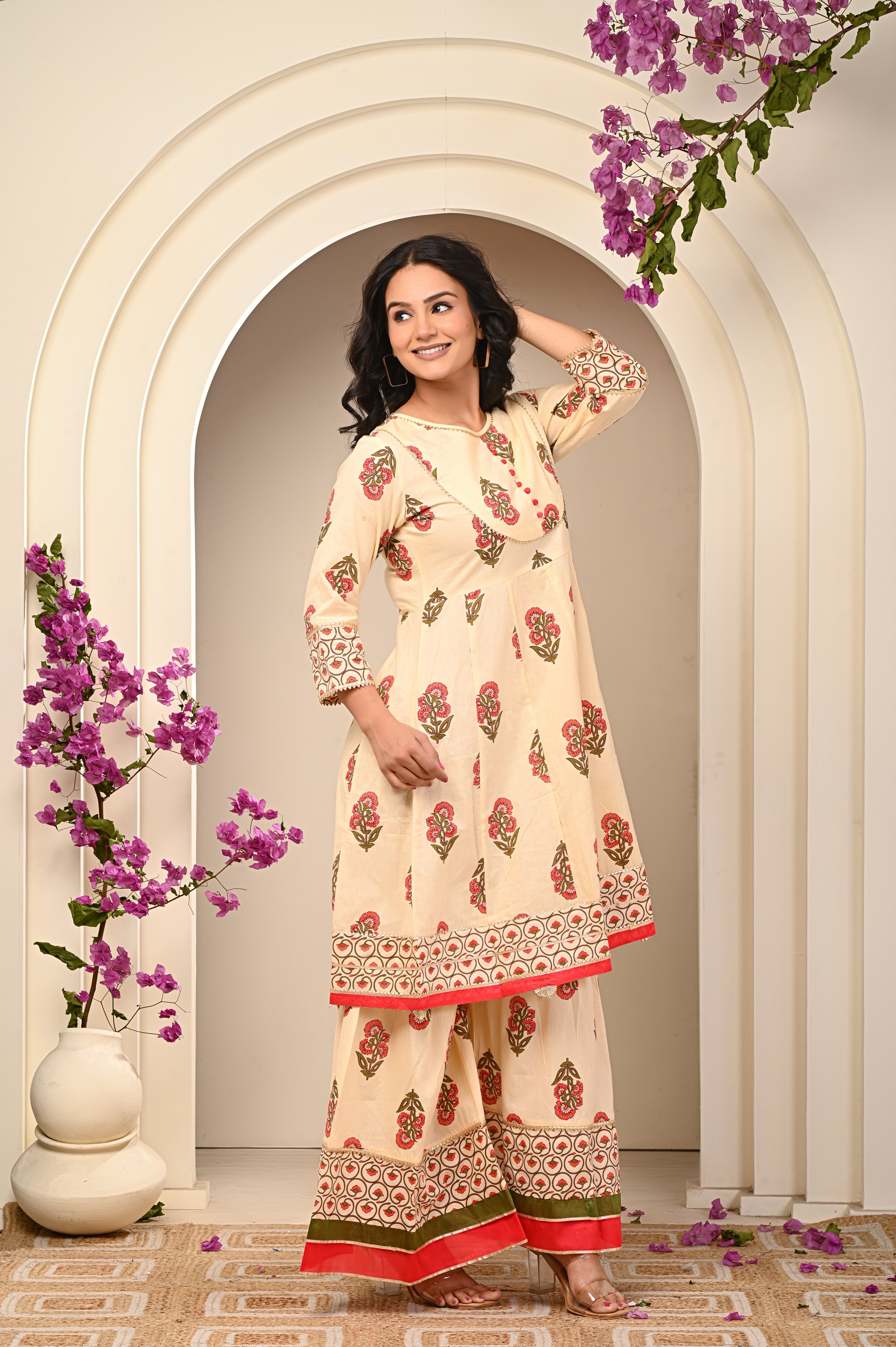 Cotton Yellow- Orange  Floral Women's Suit Set