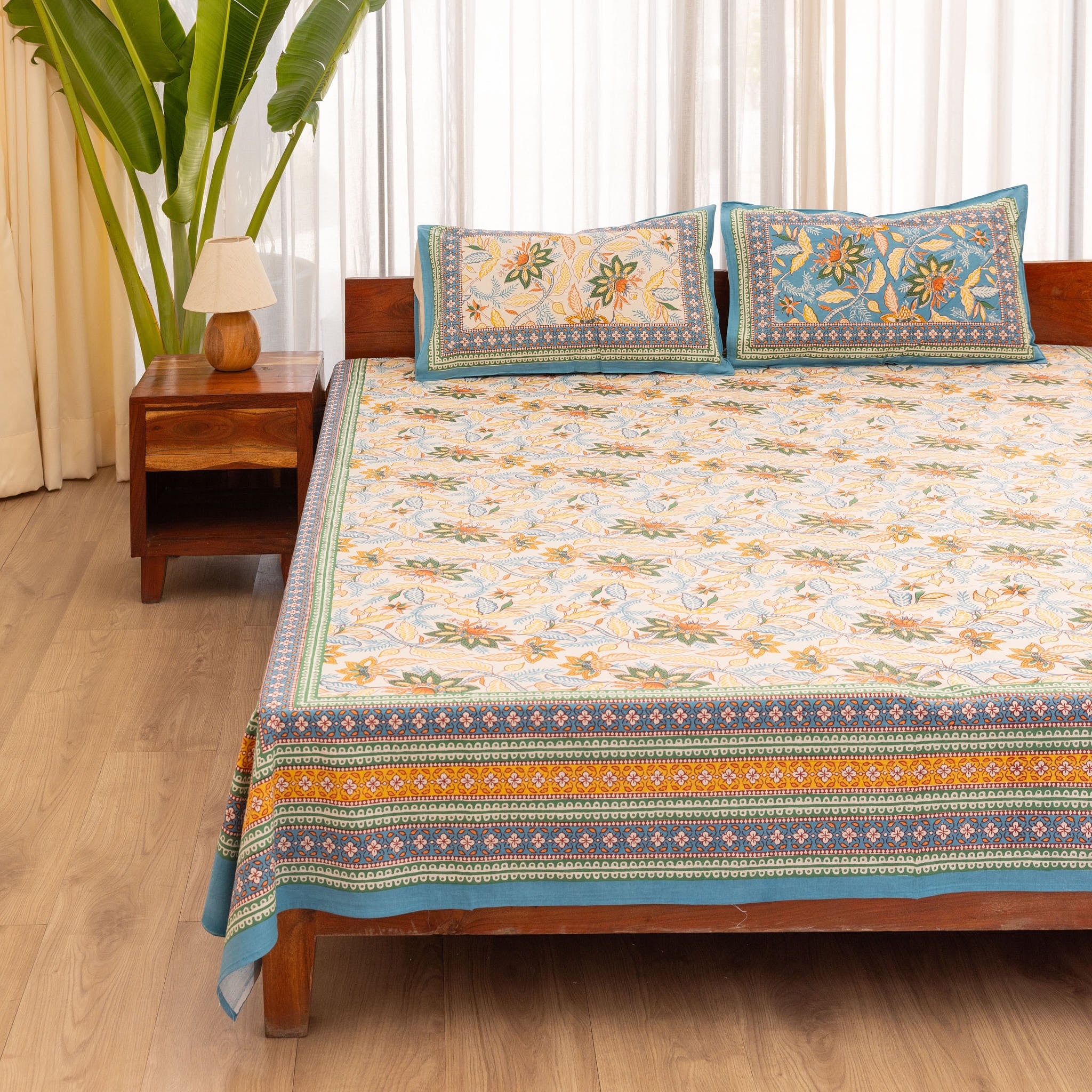 Cotton Queen Size Bedsheet Yellow Blue Floral Jaal Print