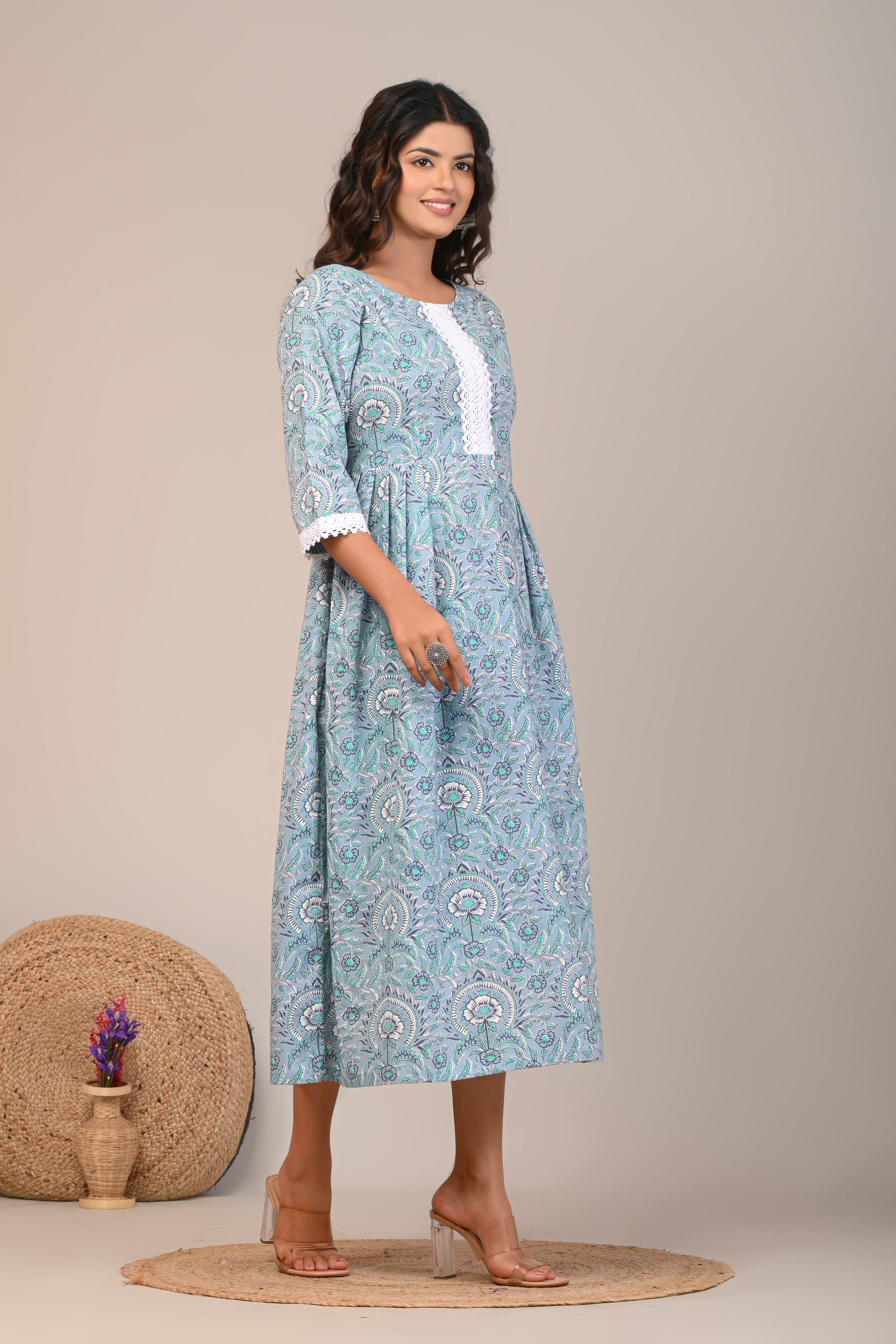 Cotton Baby Blue Sun Flower Womens Long Frock Kurti