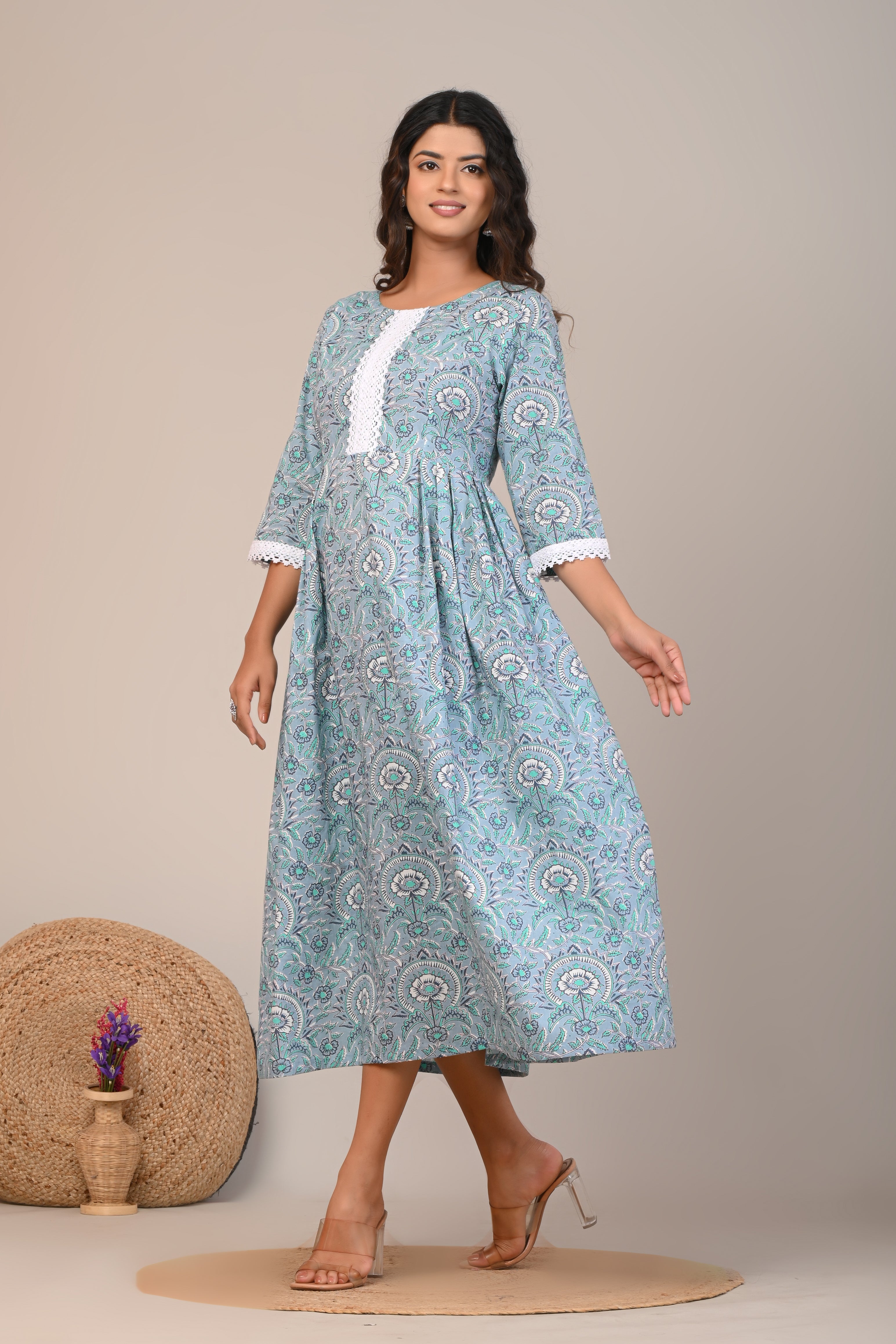 Cotton Baby Blue Sun Flower Womens Long Frock Kurti