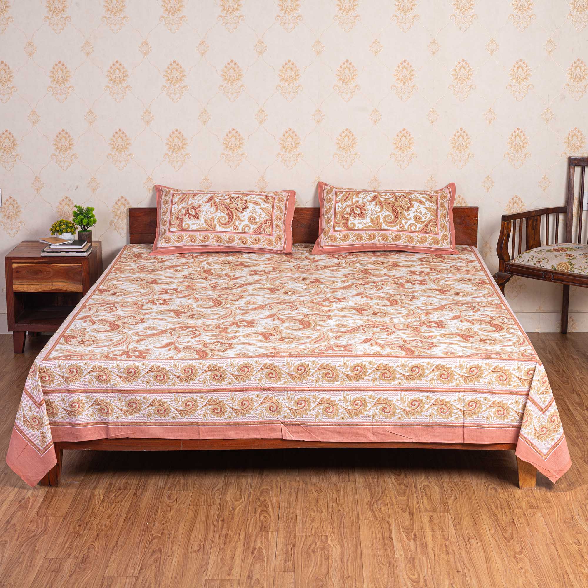 Cotton Queen Size Bedsheet - Pink Jacobean Floral