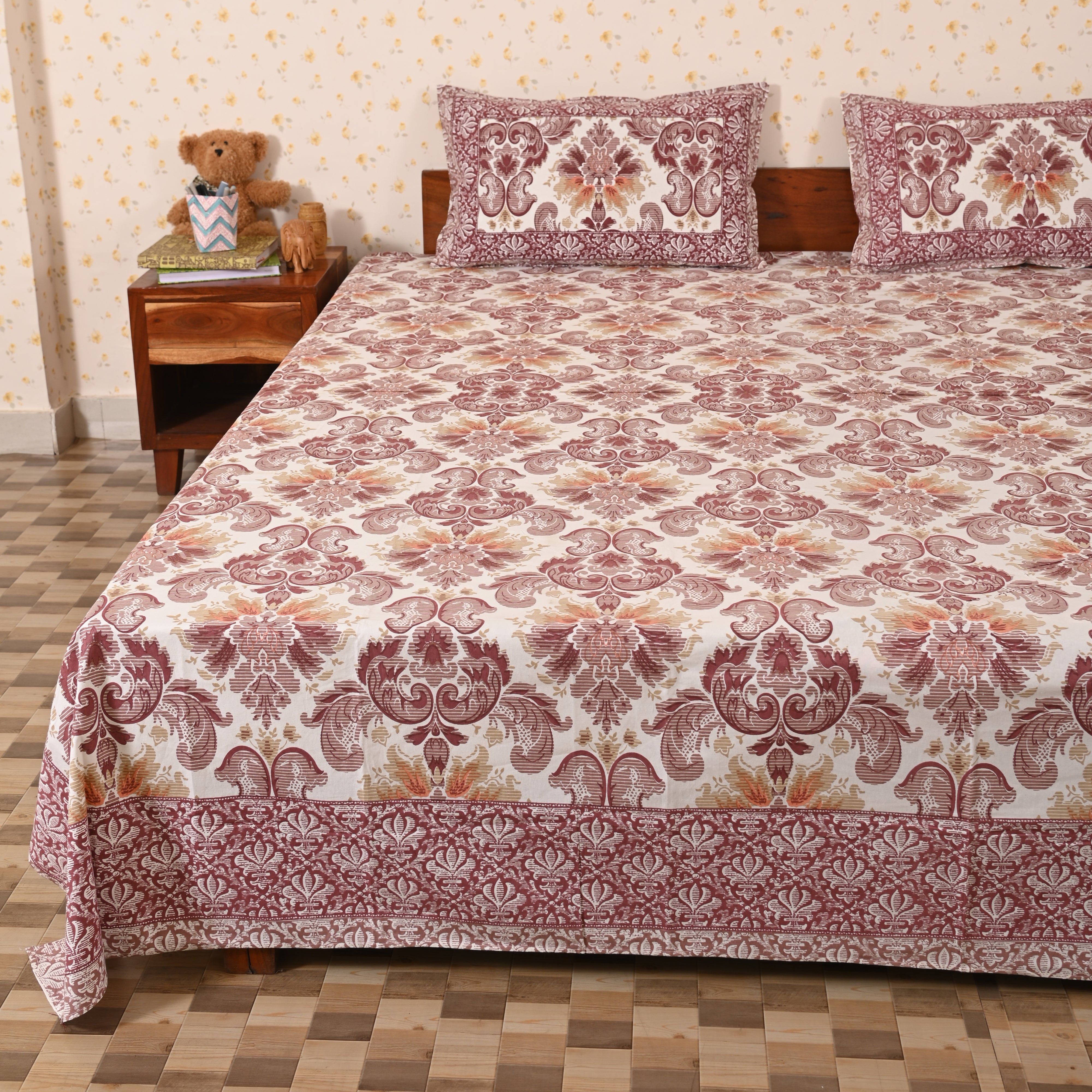 Cotton Pink Motifs King Size Bedsheet