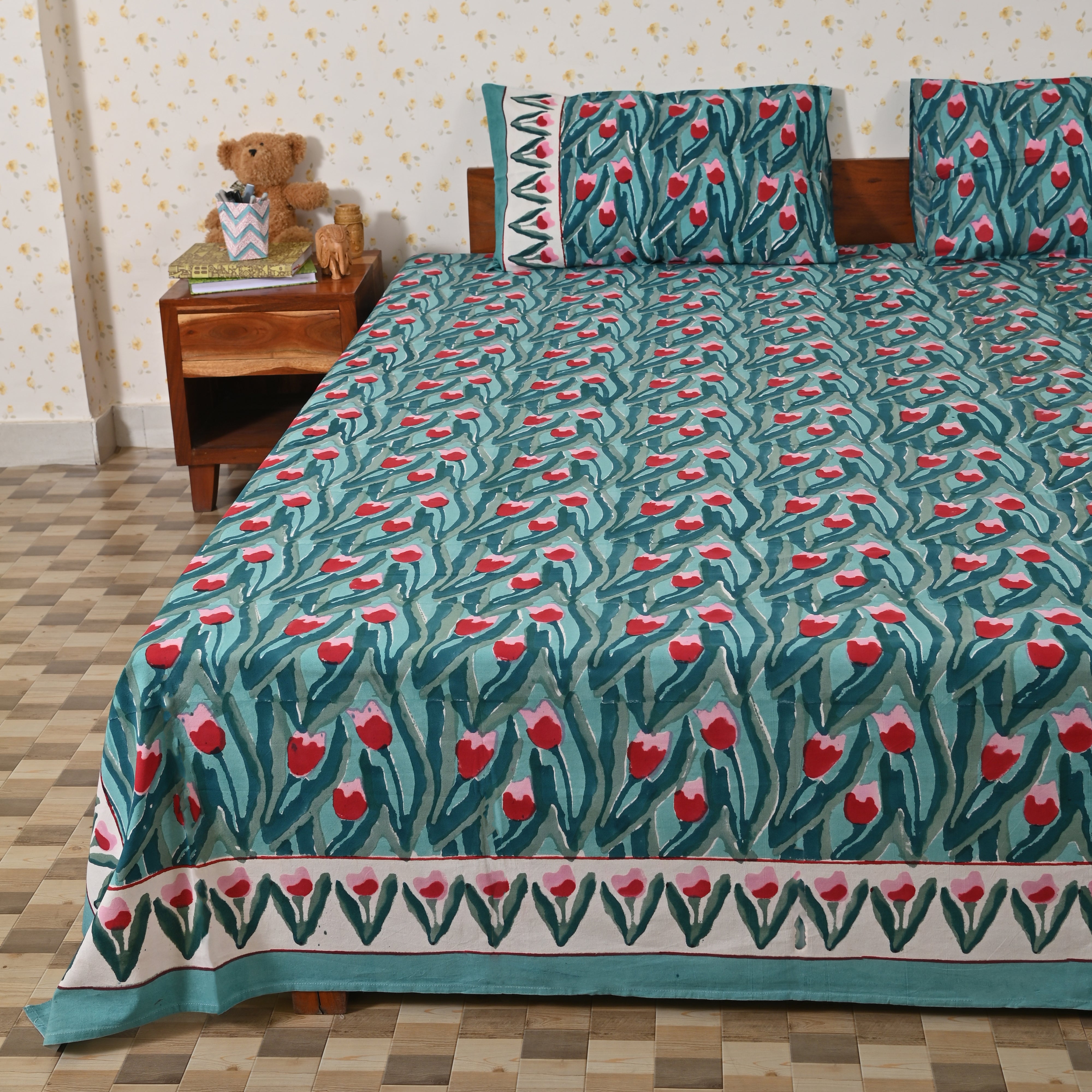 Cotton King Size Bedsheet Sea Green Red Tulip Block Print