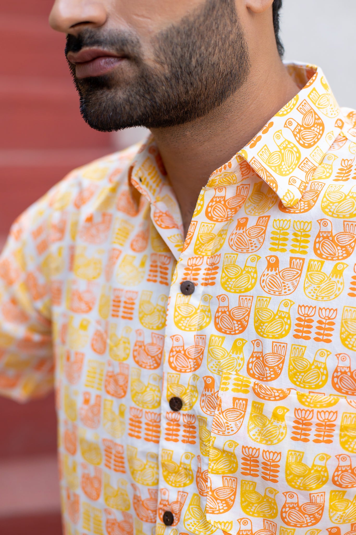 Red Yellow Bird Print Cotton Men's Shirt 4