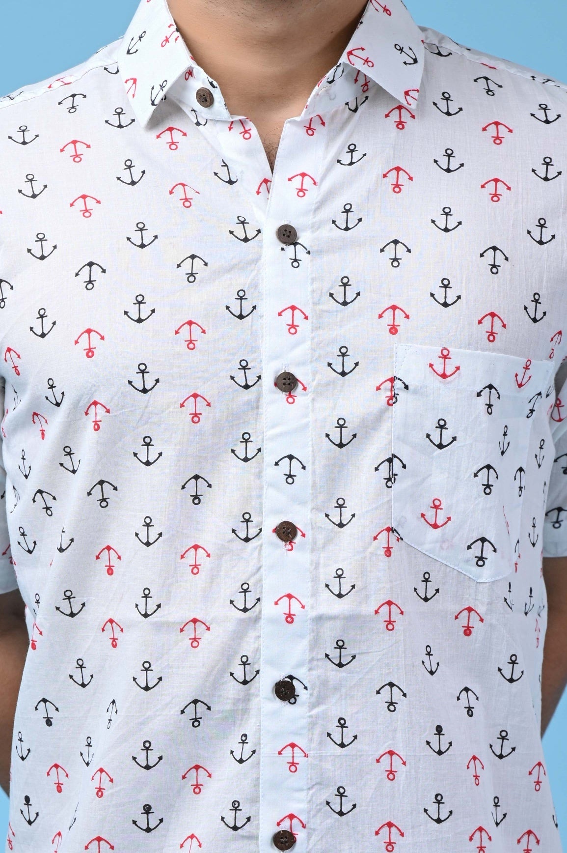 White Men's Shirt with Black-Red Anchor Print - Regular Fit