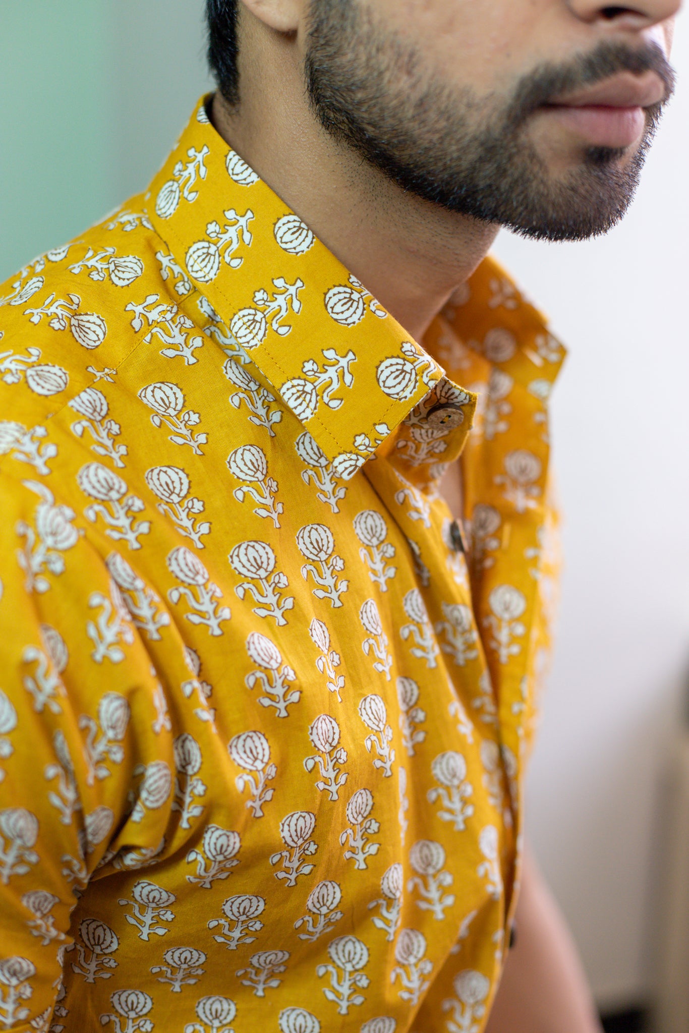 Sunny Yellow Men's Shirt with White Motifs 1