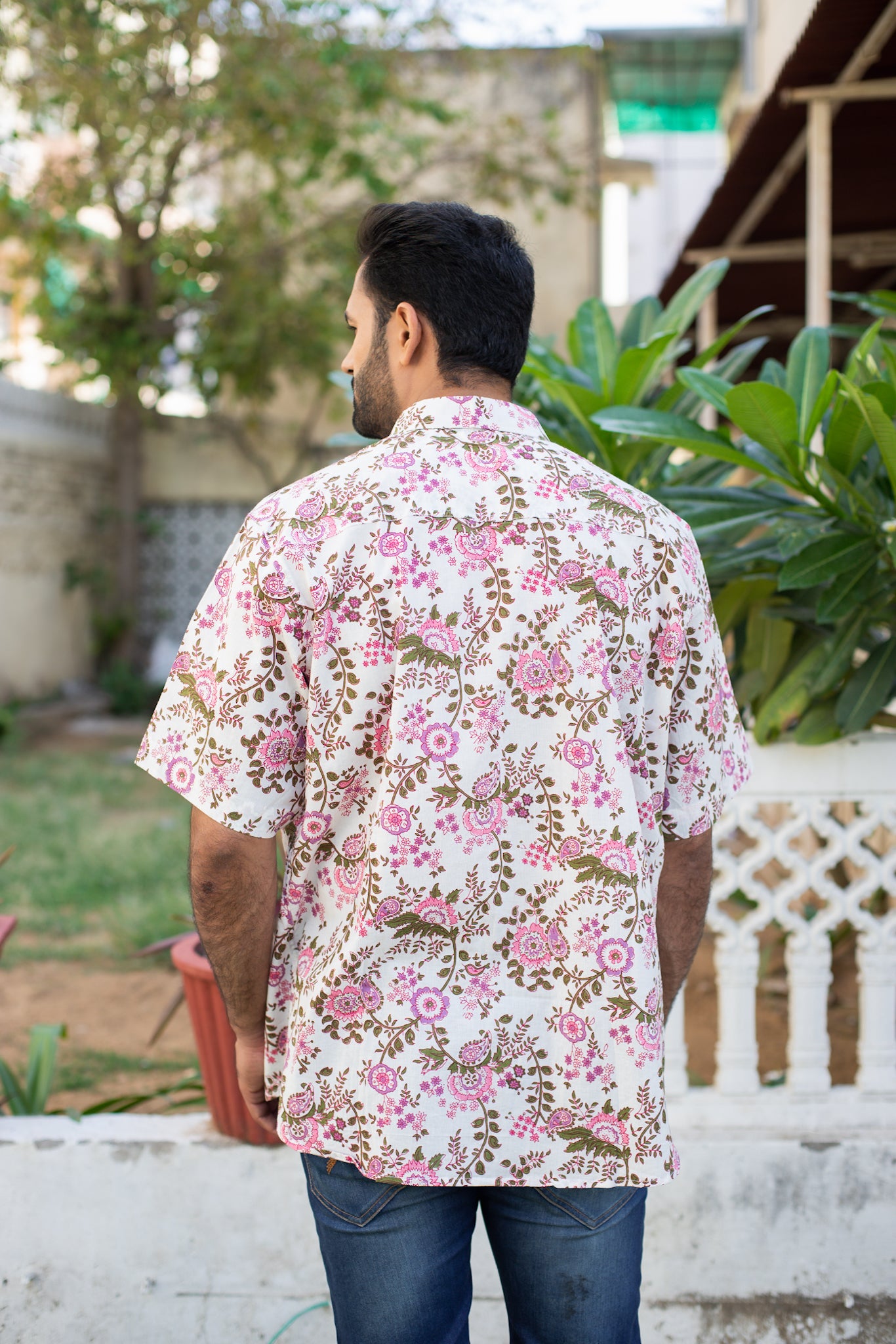 White Men's Cotton Shirt with Pink Purple Floral Jaal 1