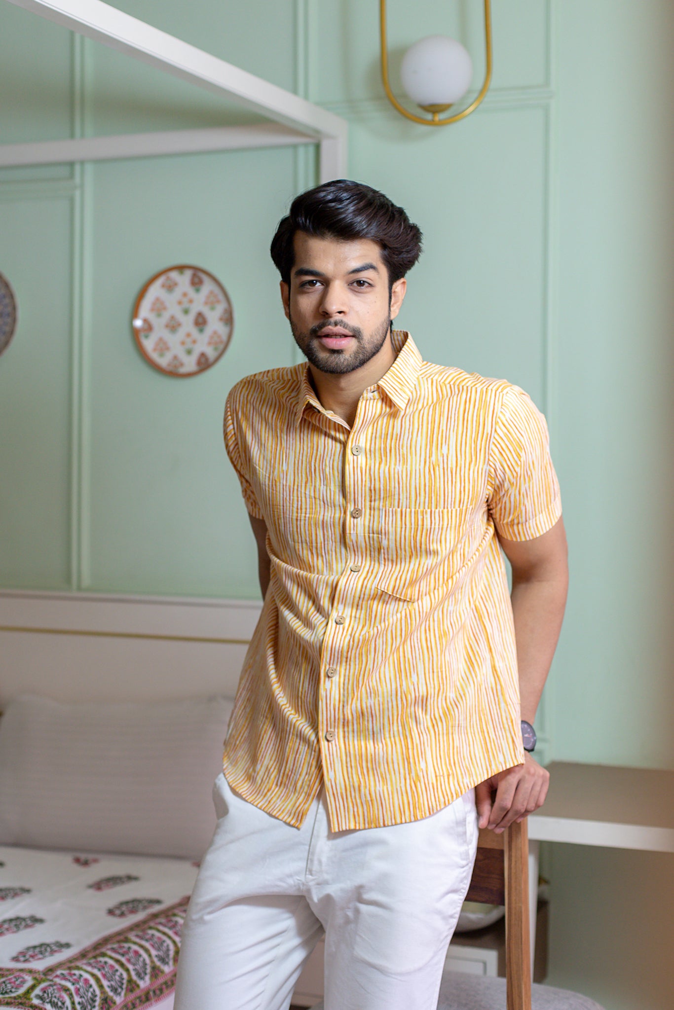 Yellow Striped Men's Shirt Regular Fit