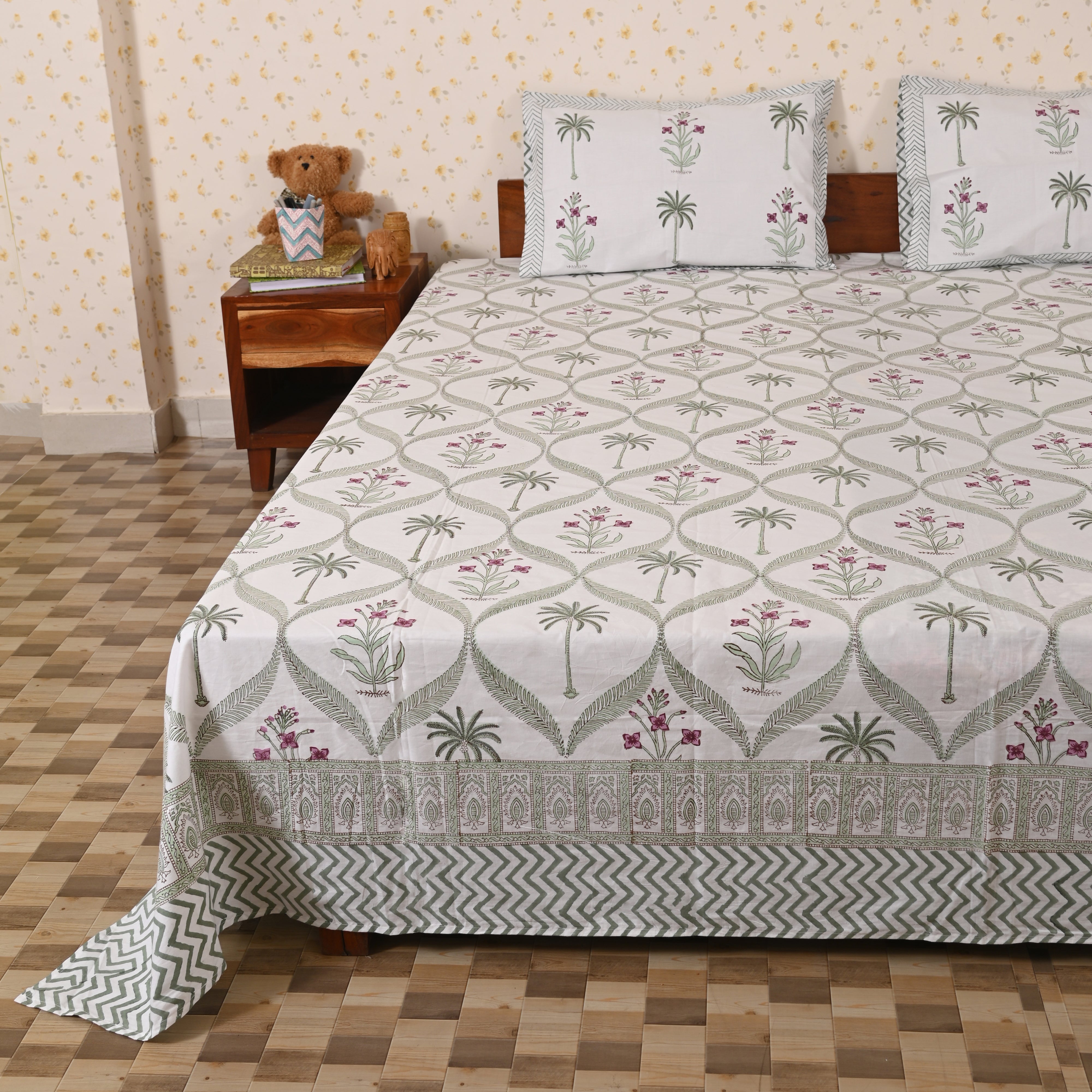 Cotton Block Print Queen Size Bedsheet | Scotch Pine