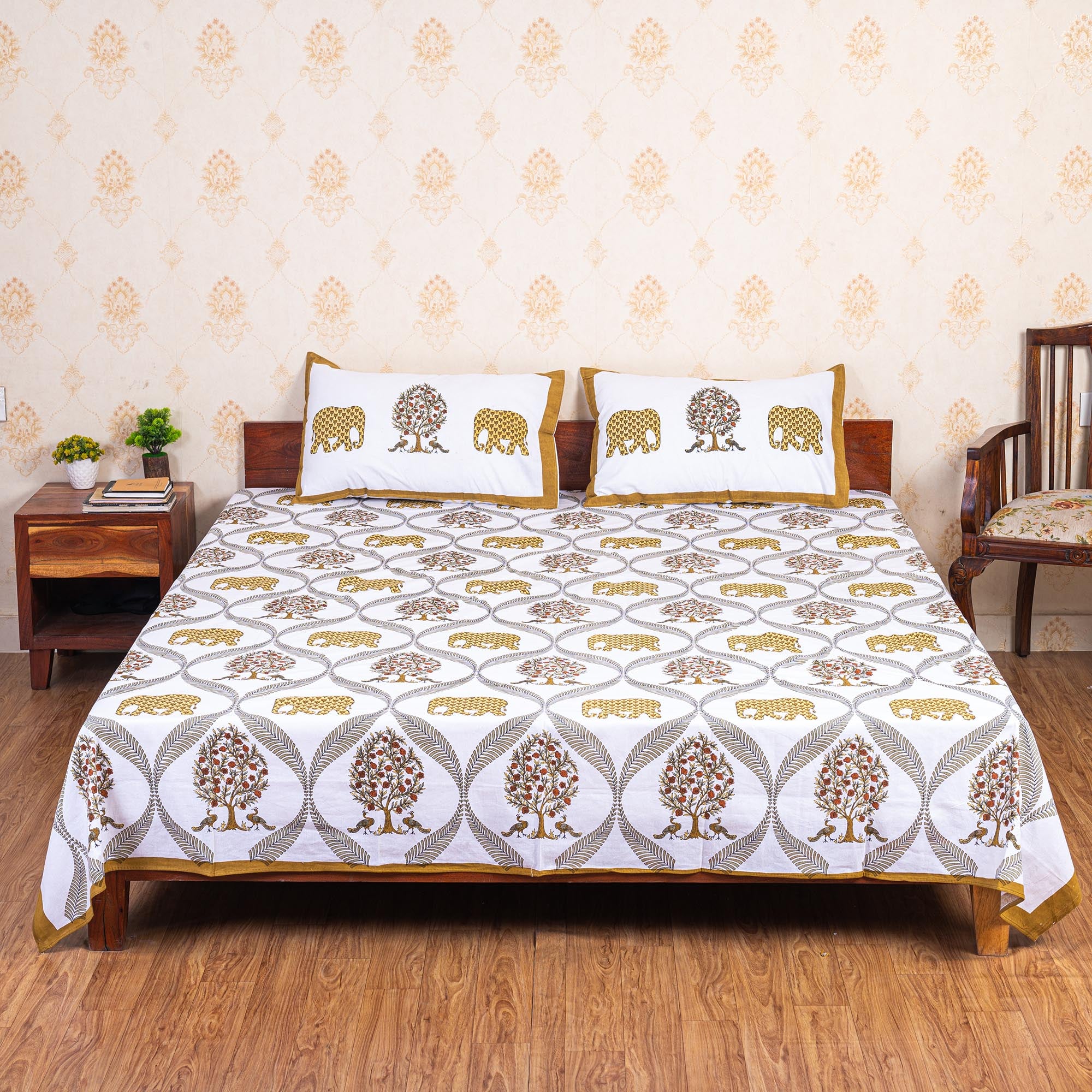 Cotton Queen Size Bedsheet - Yellow Elephant Print