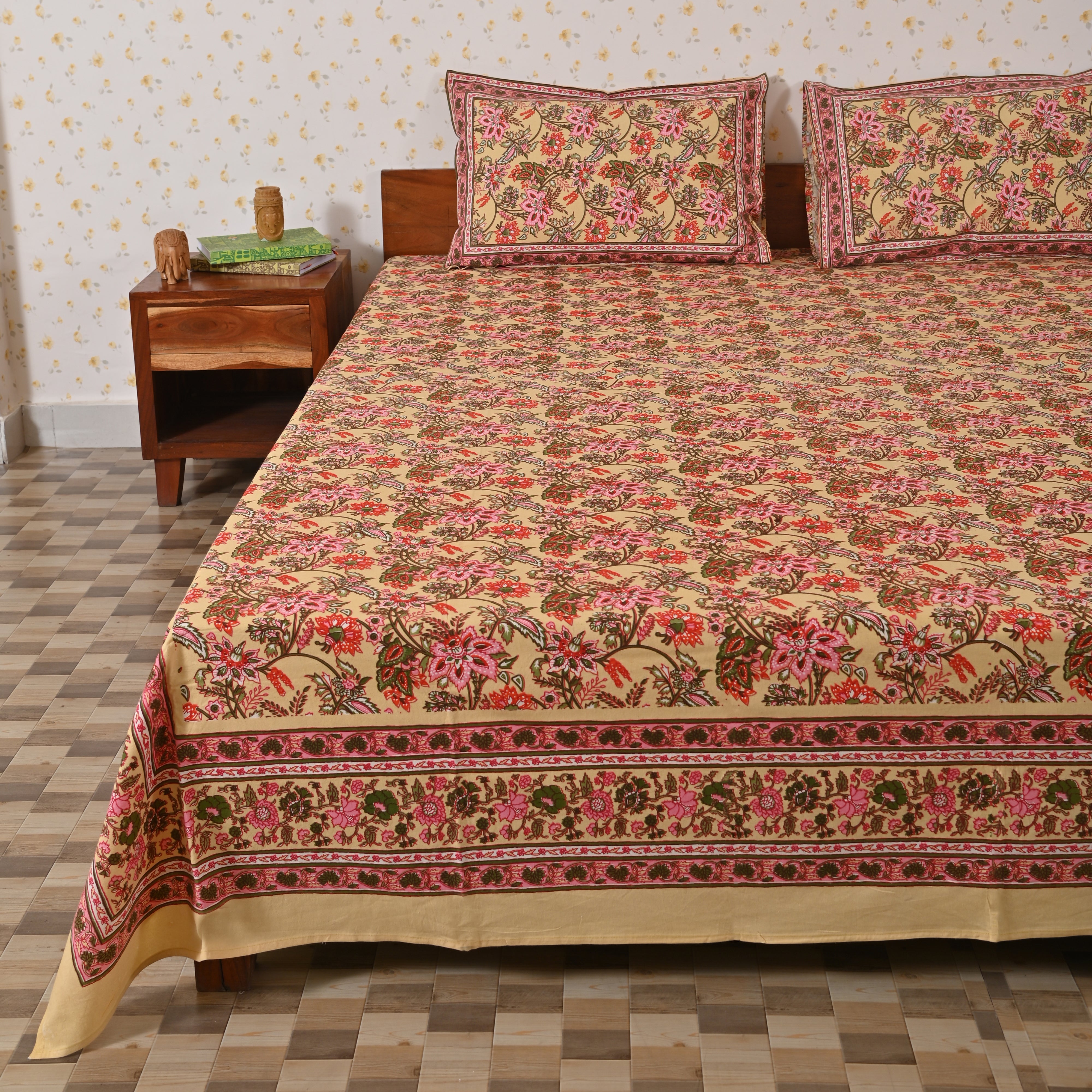 Cotton Cream Queen Size Pink Green Floral Jaal Bedsheet