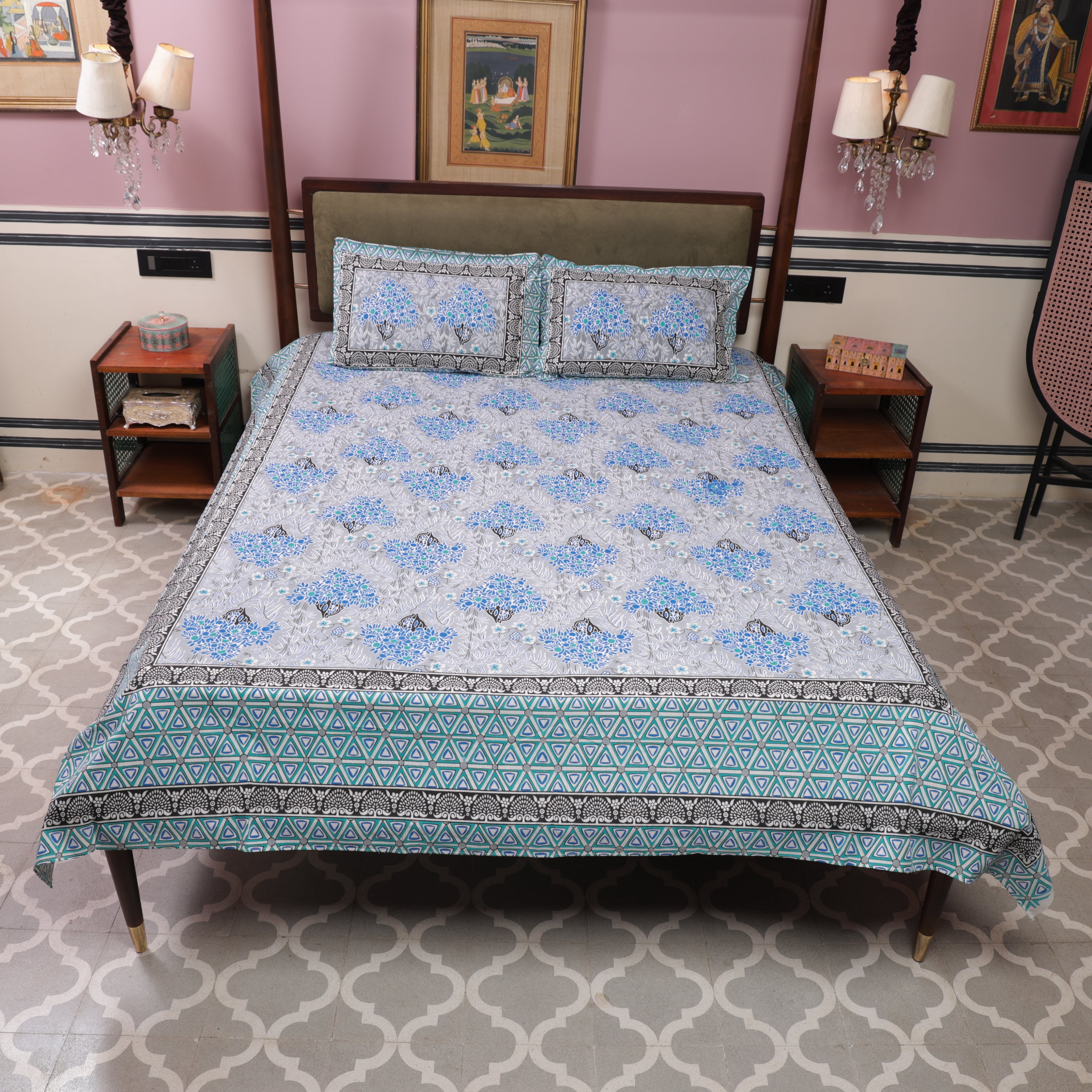 Grey Cotton Queen Size Bedsheet Blue Motifs