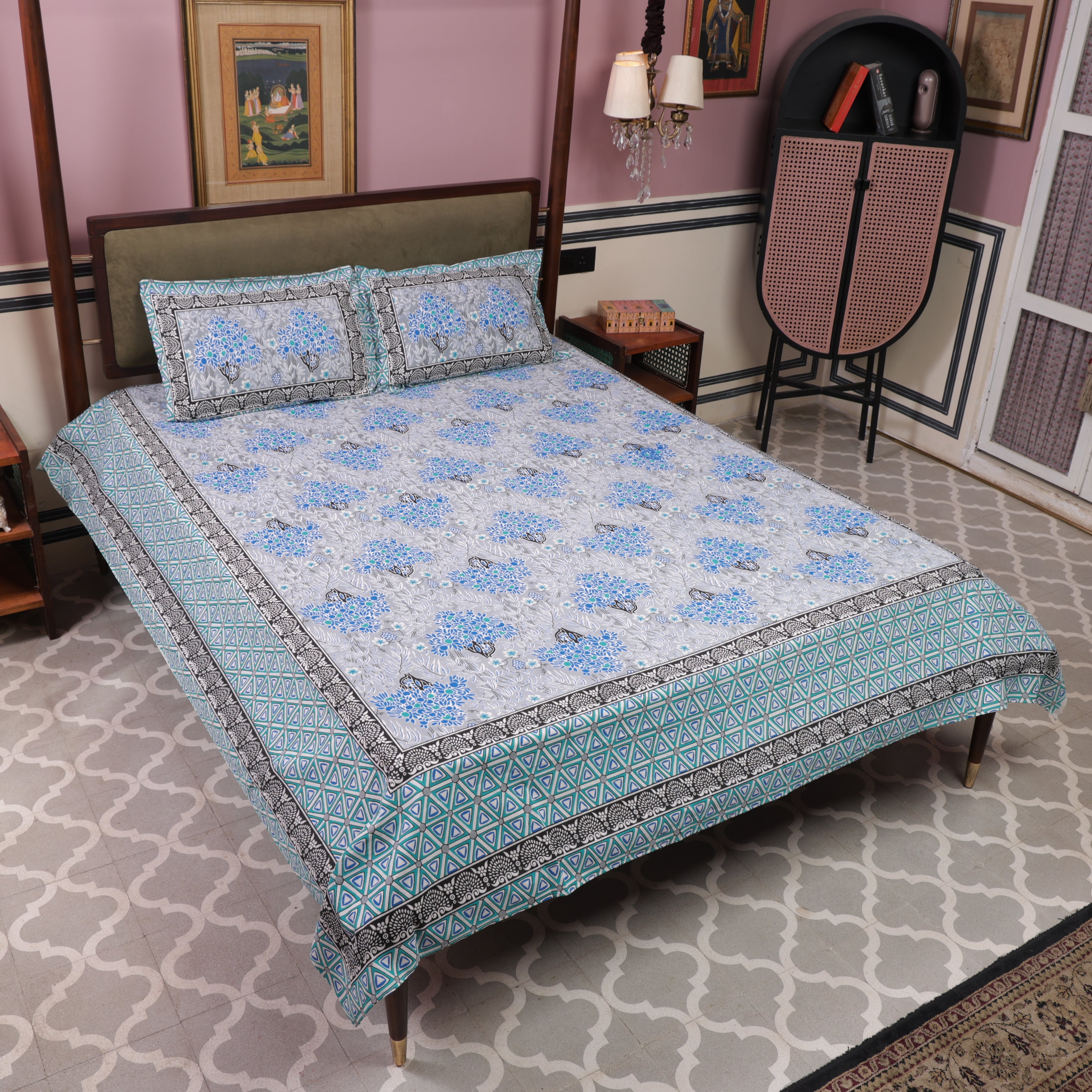 Grey Cotton Queen Size Bedsheet Blue Motifs 1