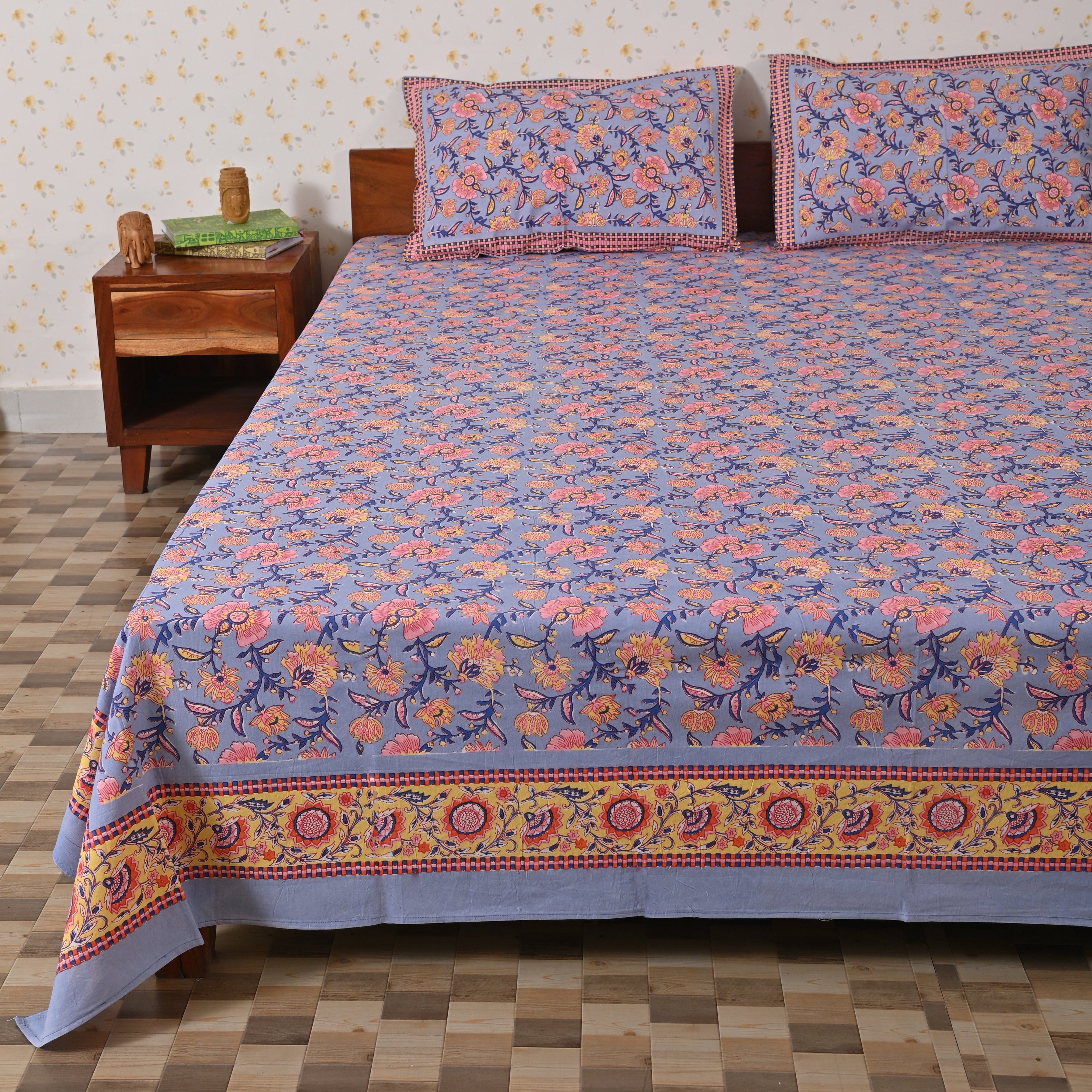 Cotton Queen Size Bedsheet Yellow-Pink Floral Jaal Print