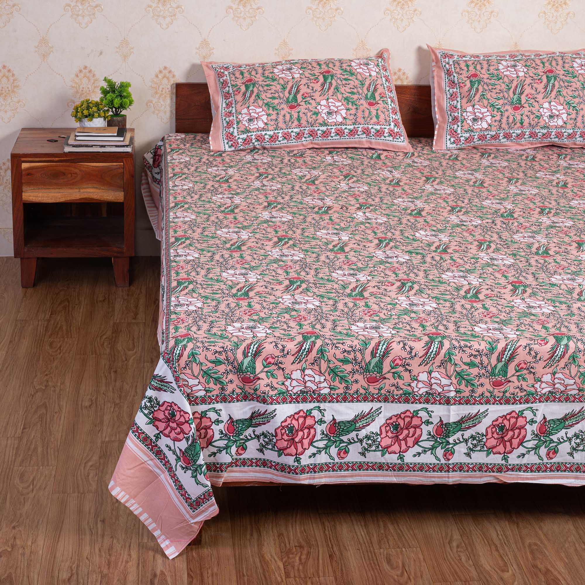 Cotton Queen Size Bedsheet - Rose Pink Floral Jaal