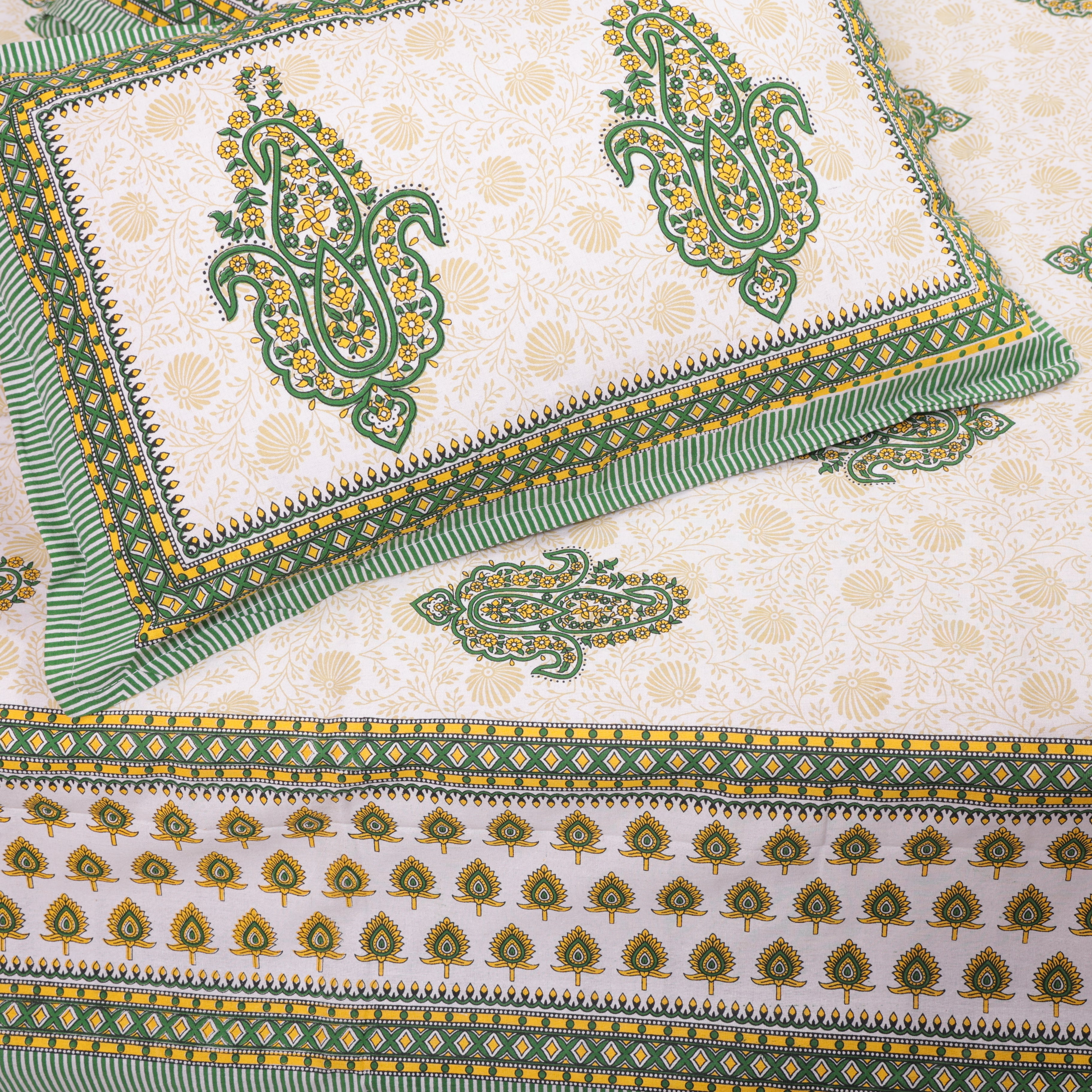 Cotton Queen Size Bedsheet Green-Yellow Paisley Print