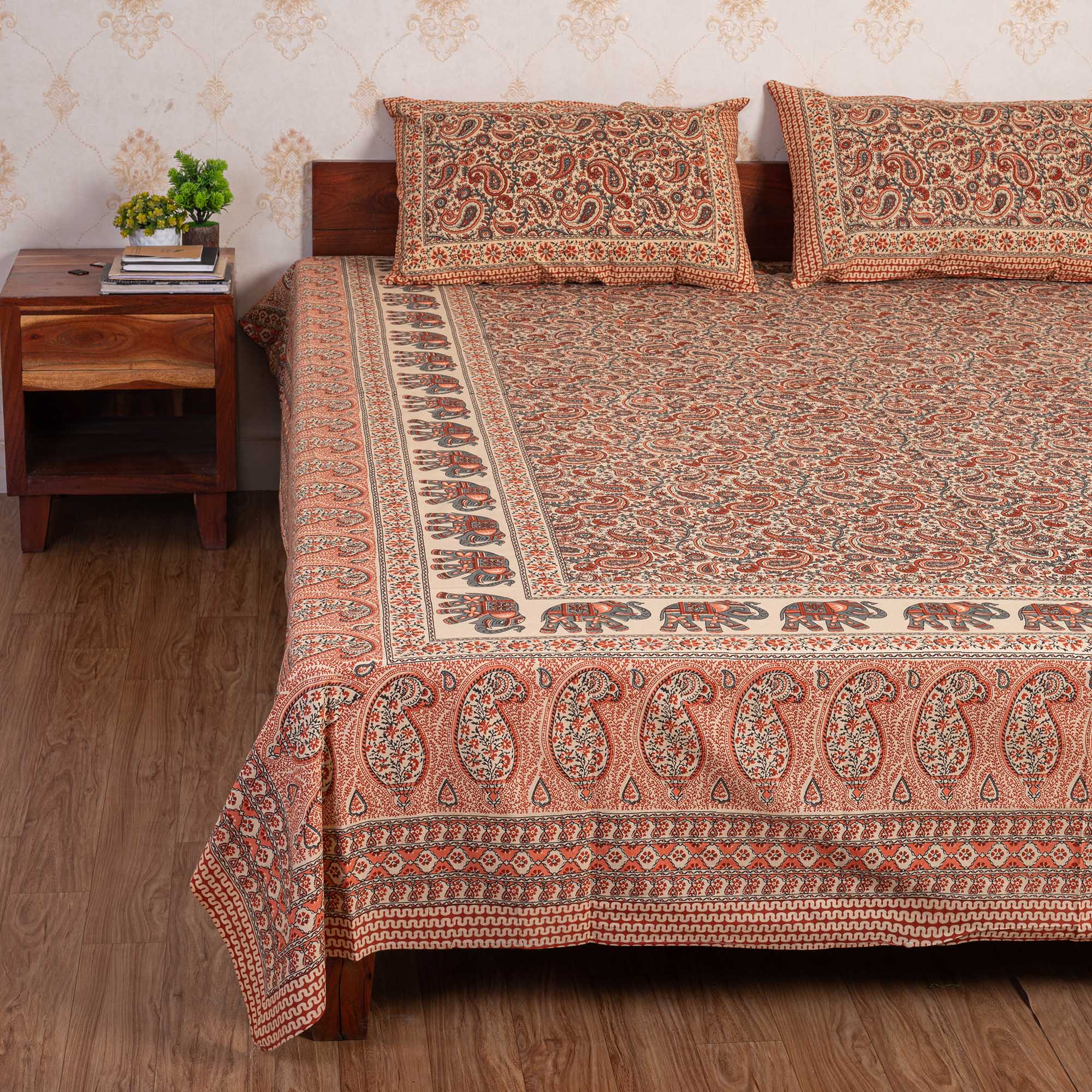 Cotton Queen Size Bedsheet - Orange Elephant Print