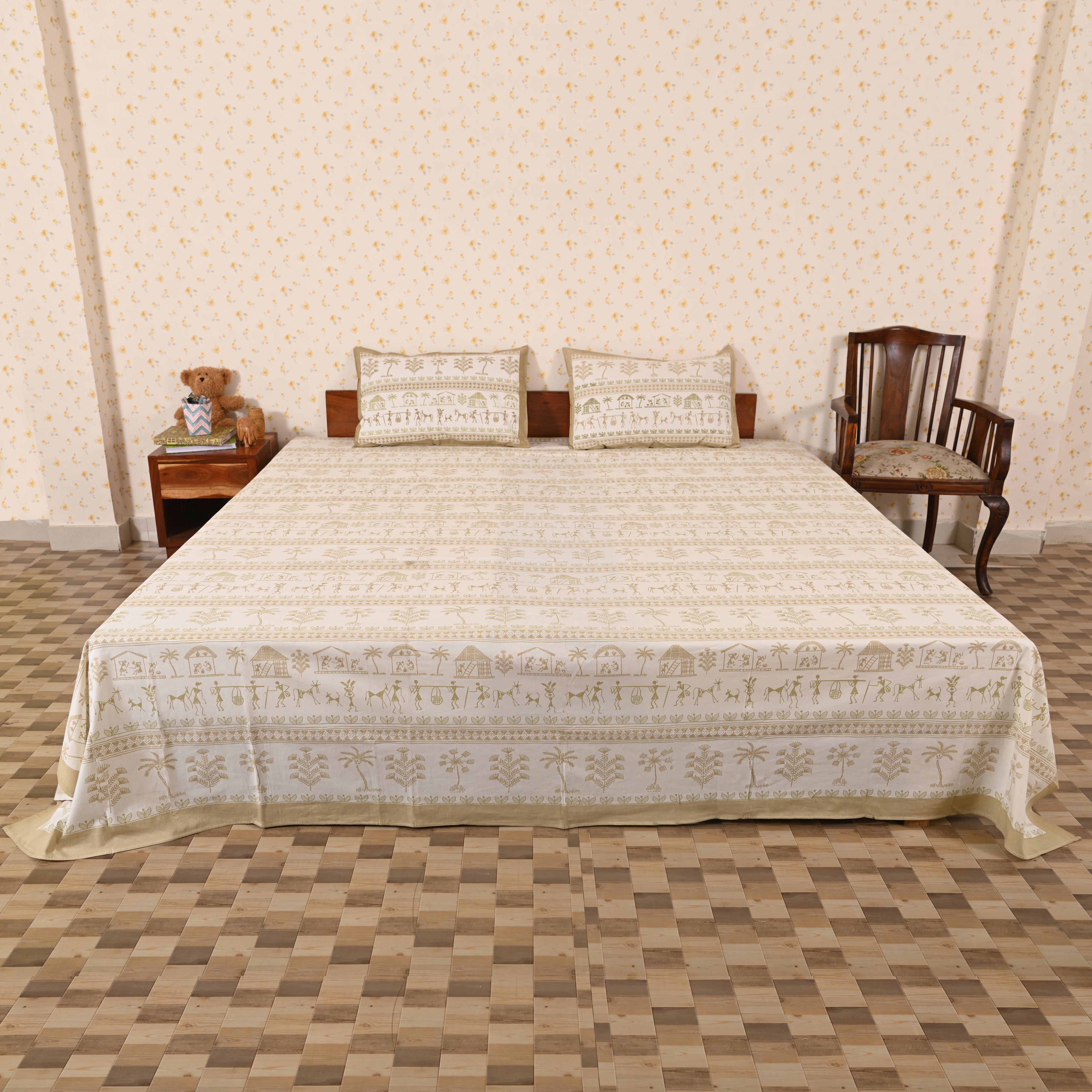 Cotton Brown Village King Size Bedsheet