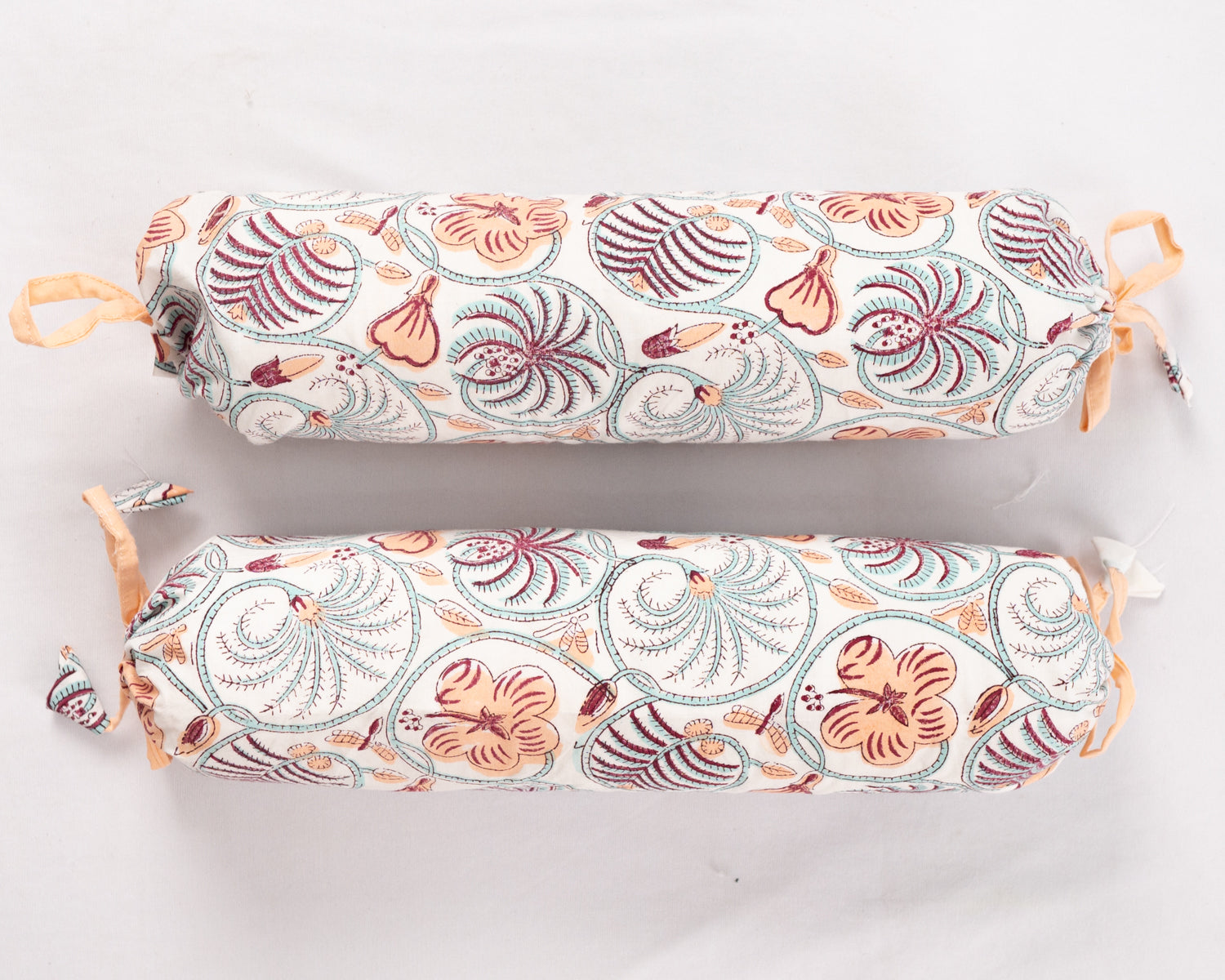 Cotton Baby  Baby Bolster Set Peach Green Floral Jaal Block Print