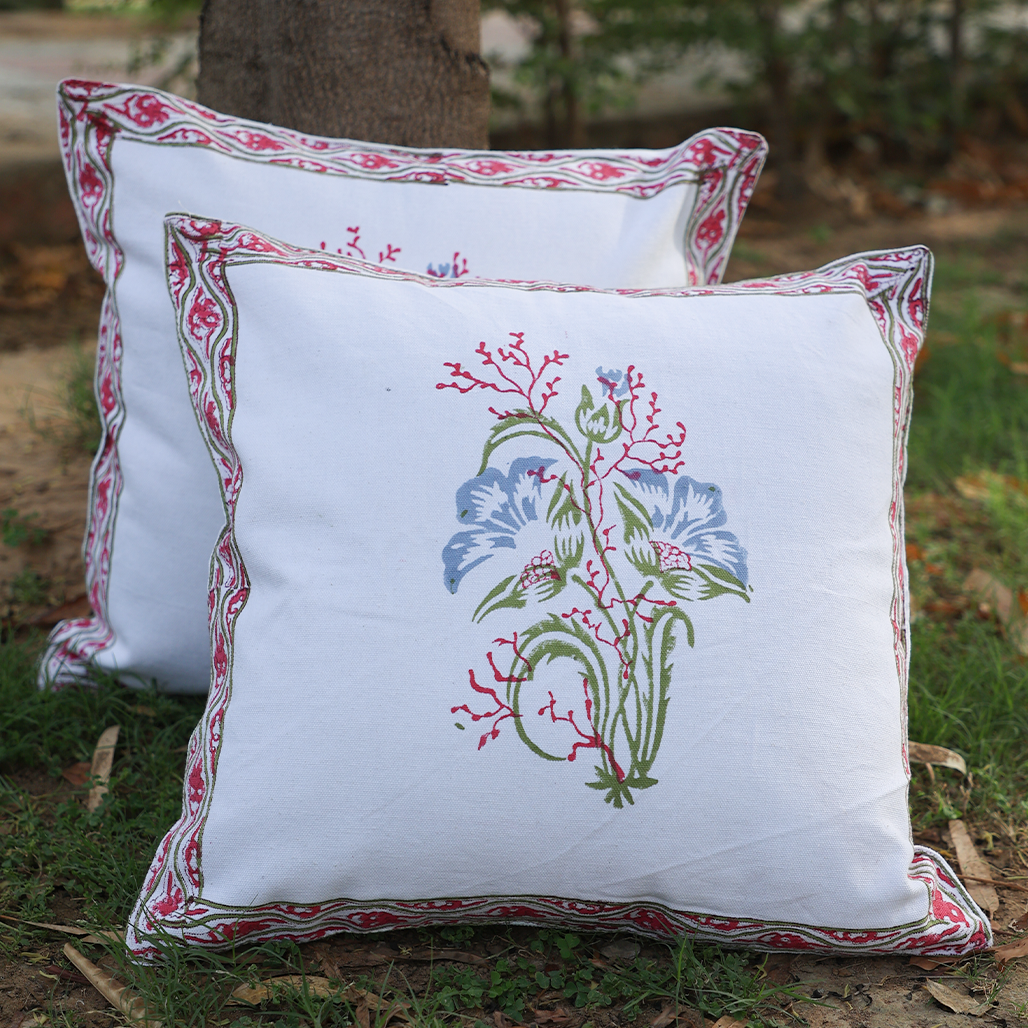 Fine Cotton Cushion Cover Blue-Pink Floral Print