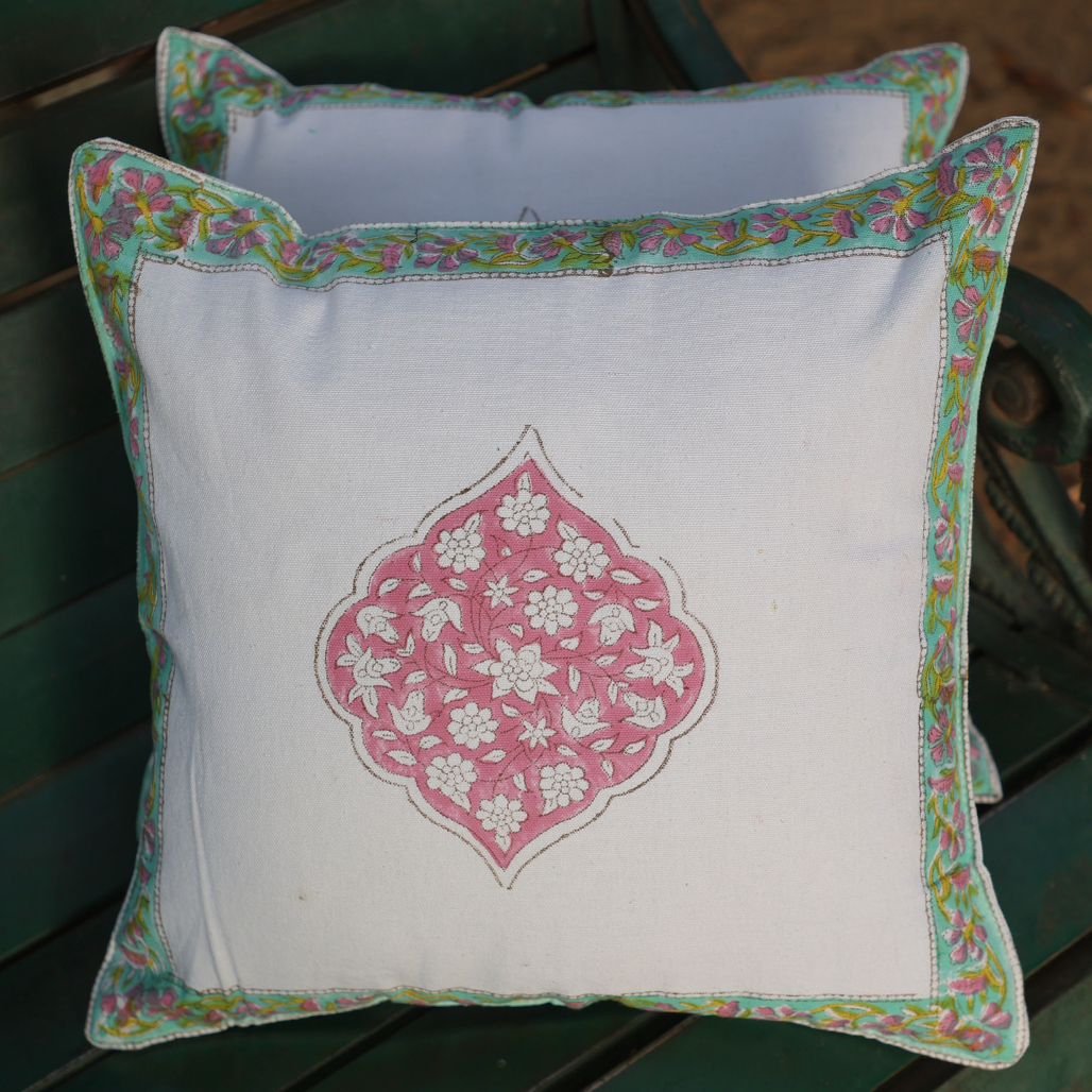 Fine Cotton Cushion Cover White Pink-Green Floral Print