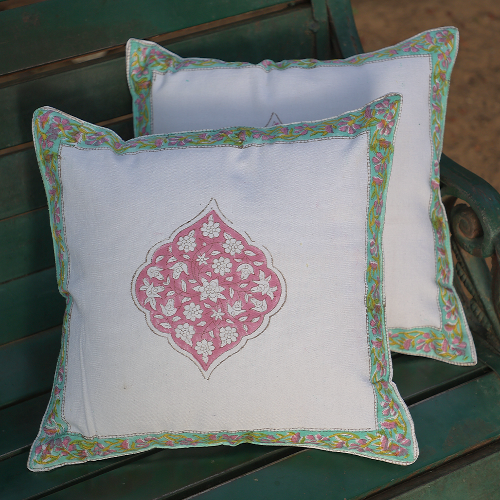 Fine Cotton Cushion Cover White Pink-Green Floral Print