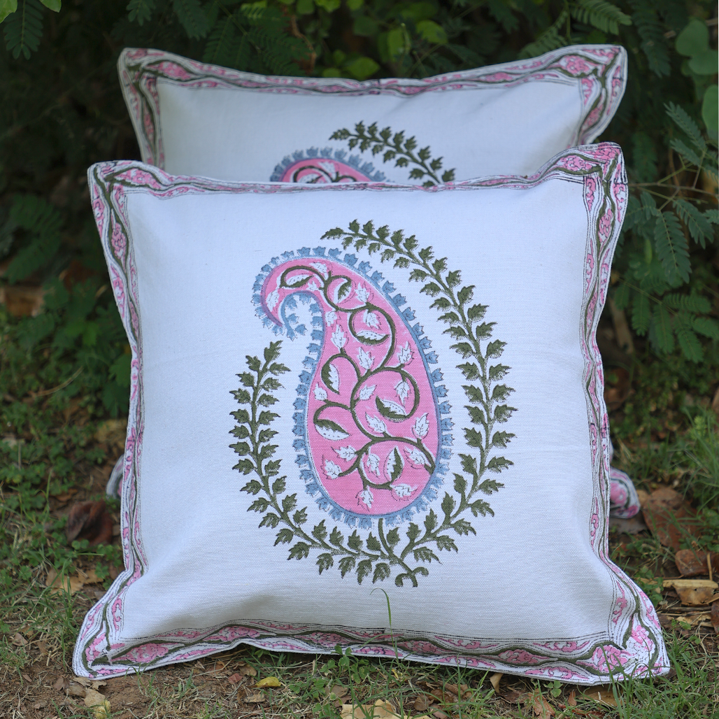 Fine Cotton Cushion Cover White Pink Green Boota Floral Print