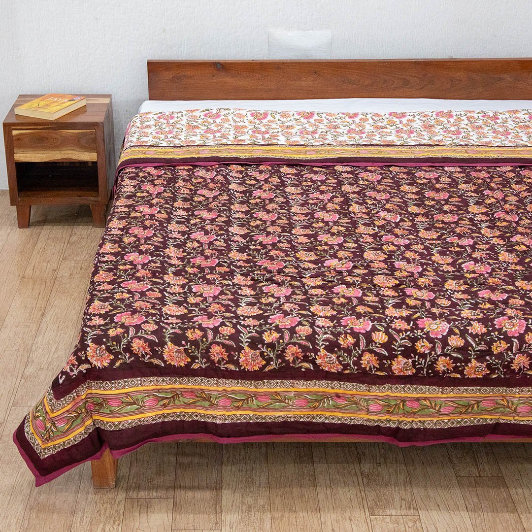 Cotton Mulmul Double Bed Dohar AC Quilt Maroon Pink Floral Jaal Block Print