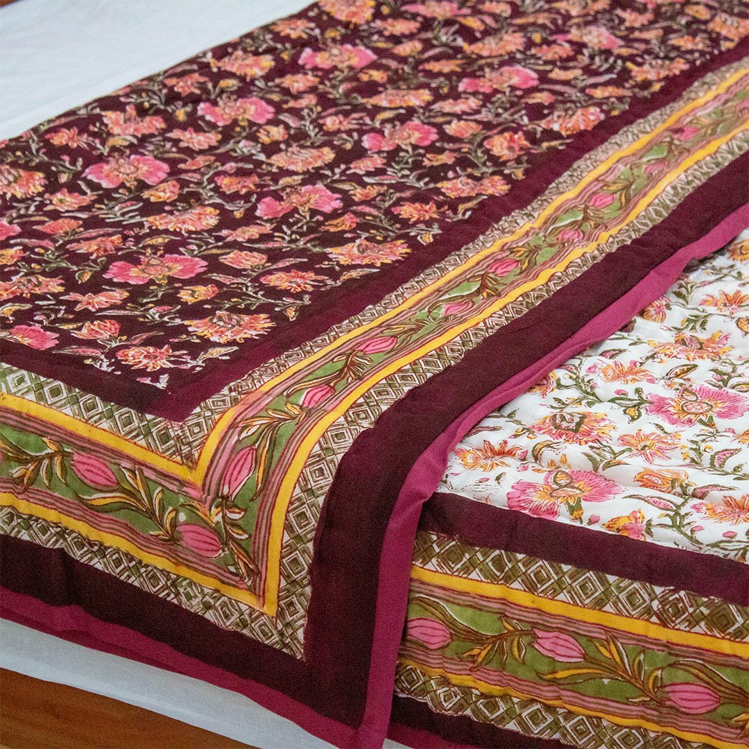 Cotton Mulmul Double Bed Dohar AC Quilt Maroon Pink Floral Jaal Block Print