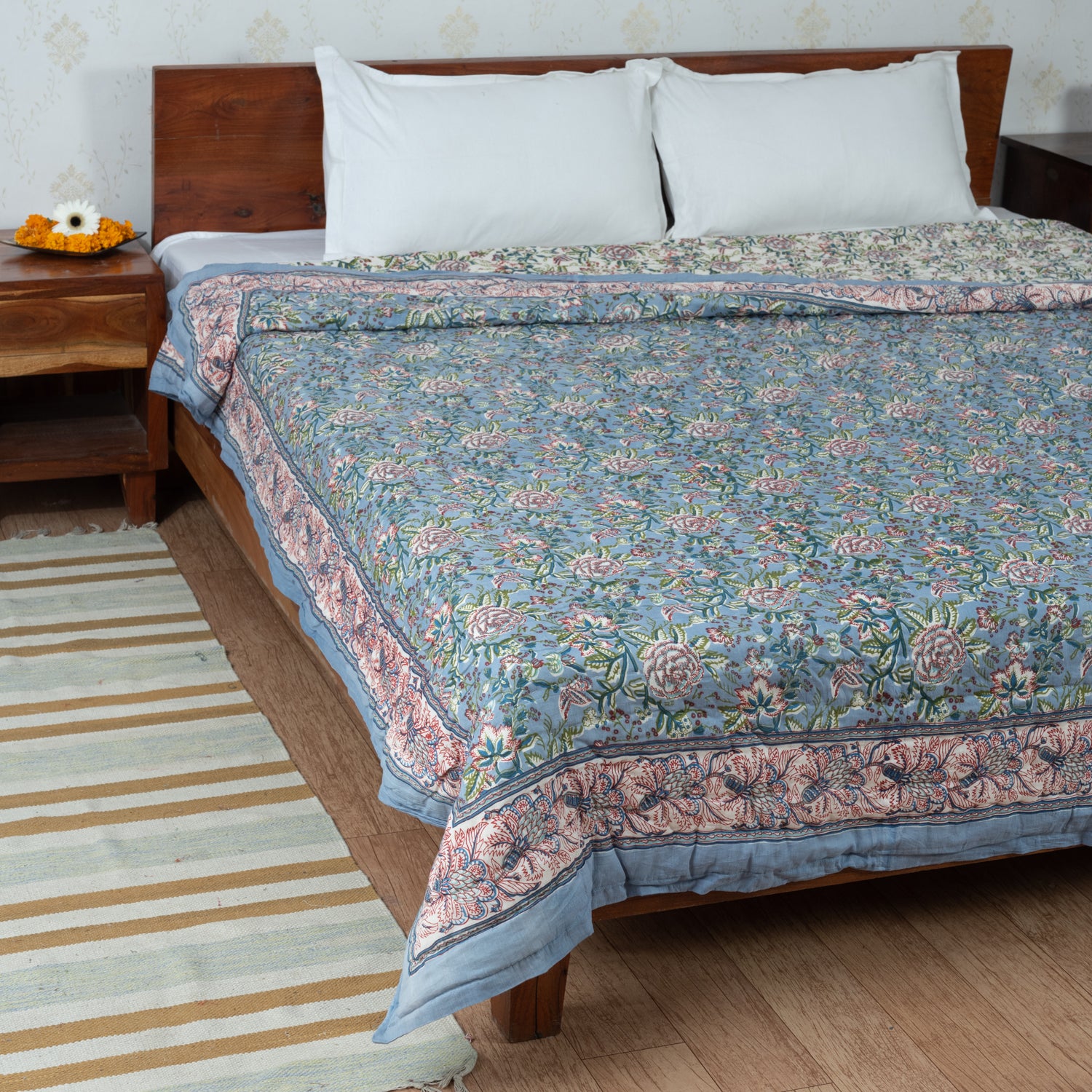 Cotton Mulmul Double Bed Razai Jaipuri Quilt Light Blue Rose Jaal Print