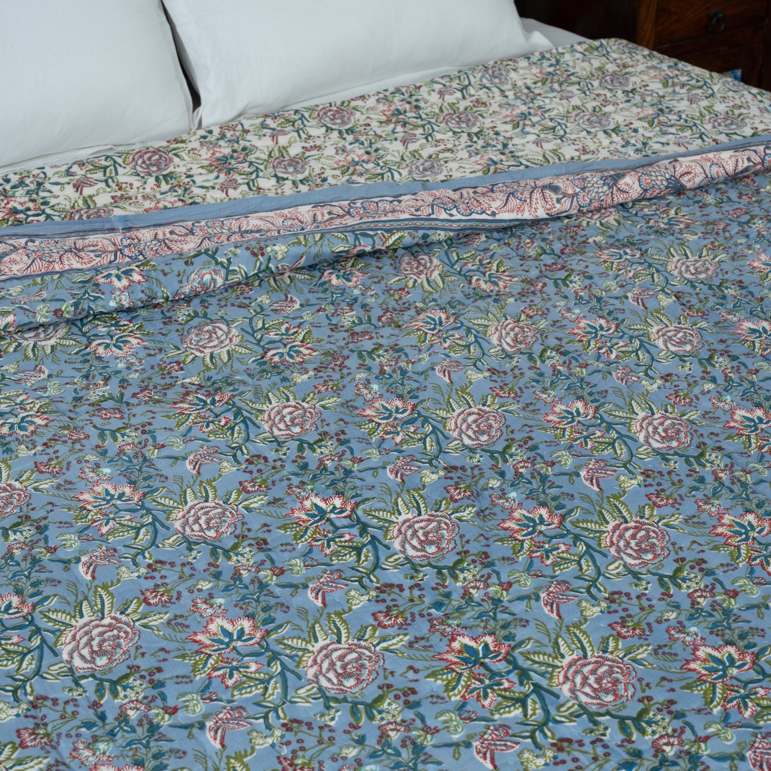 Cotton Mulmul Double Bed Razai Jaipuri Quilt Light Blue Rose Jaal Print