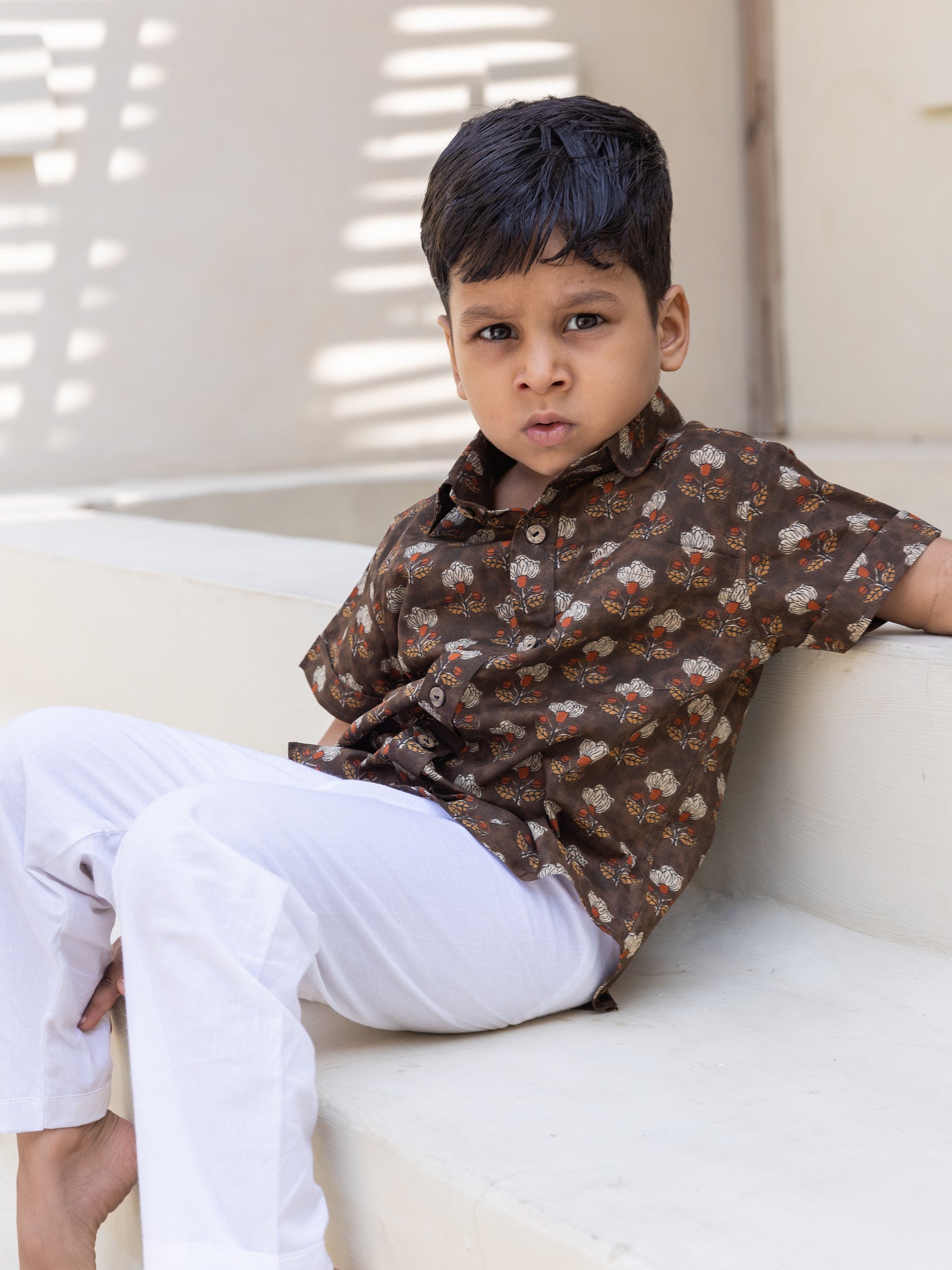 Cotton Brown Floral Boy Ethnic Shirt