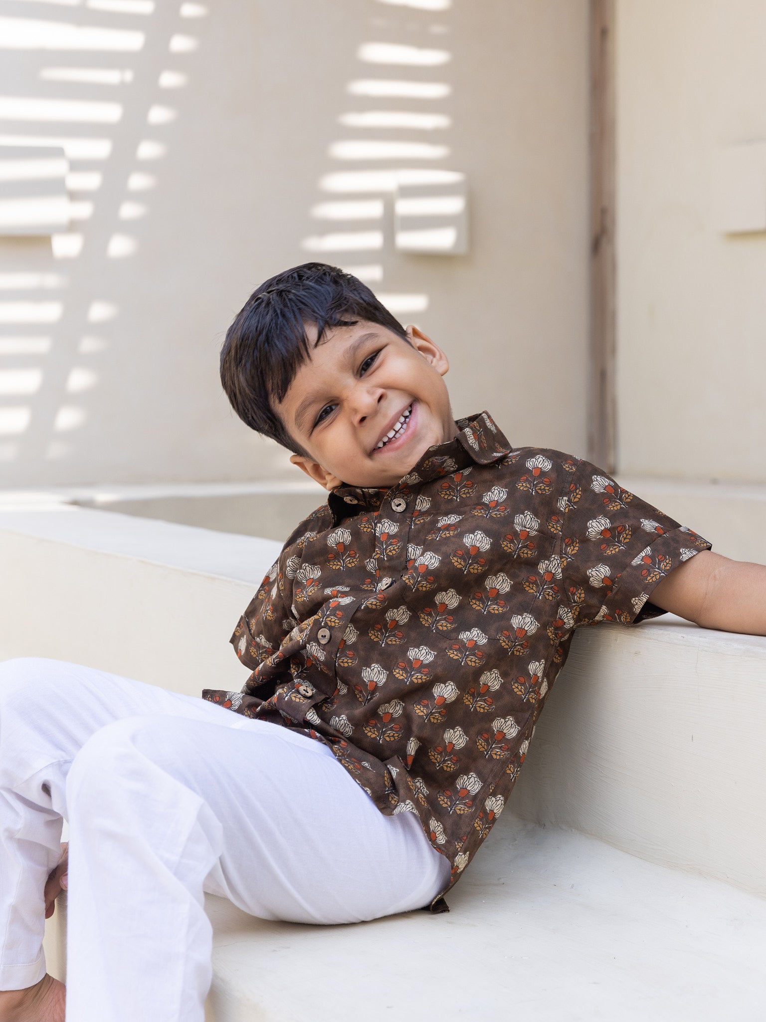 Cotton Brown Floral Boy Ethnic Shirt