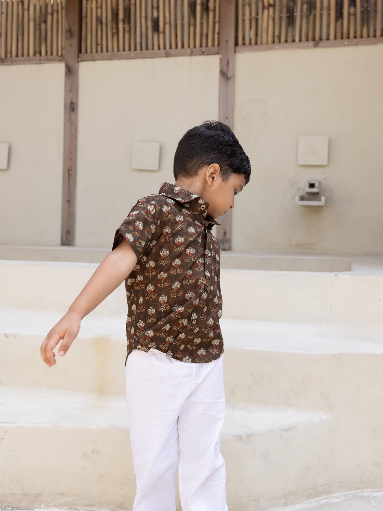 Cotton Brown Floral Boy Ethnic Shirt